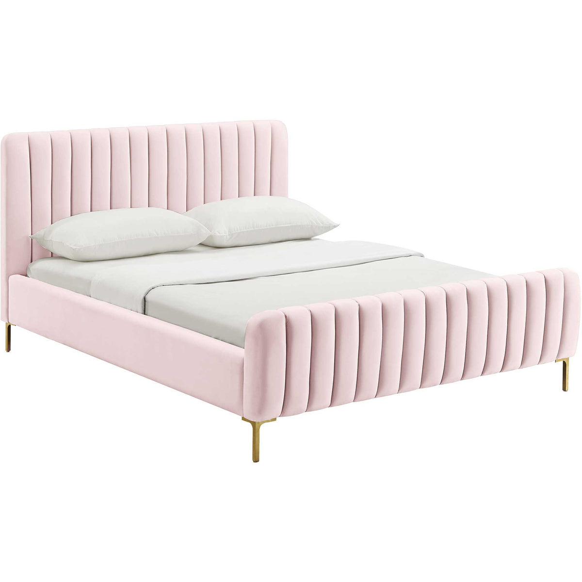 Blush velvet bed with channeled panels and slender gold legs for a softly glamorous bedroom || TOV-B6373 || front_angle_studio