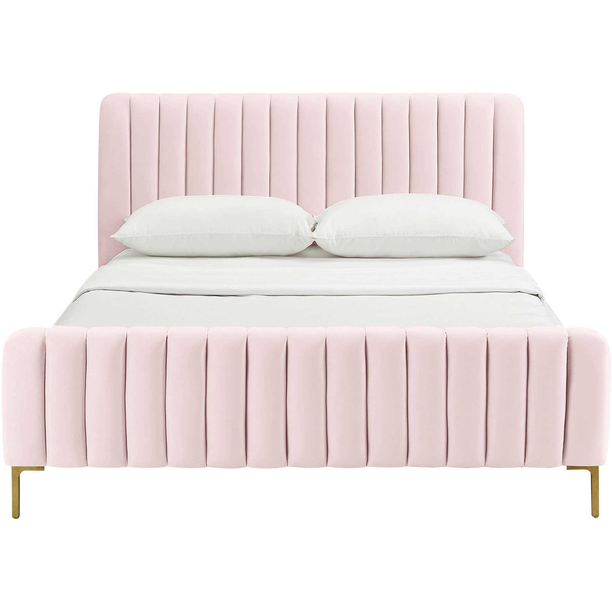 Vertical channel tufting spans a plush blush headboard and matching footboard above slim gold legs || TOV-B6373 || front_studio