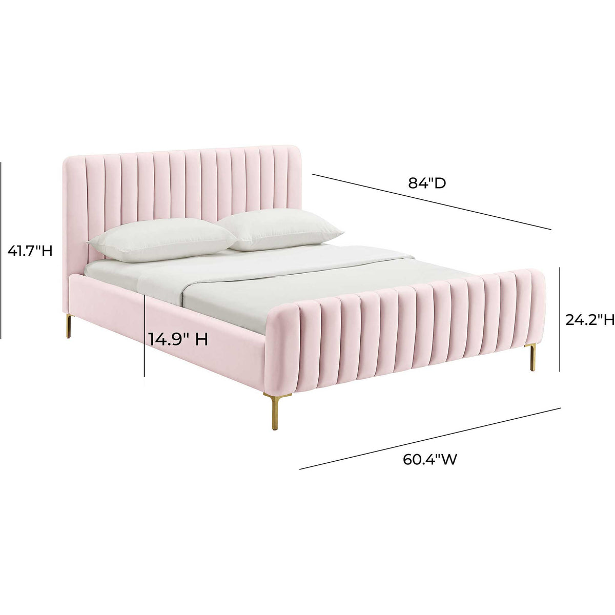 Full-size blush velvet bed with a tall channeled headboard, matching footboard, and slim gold legs
