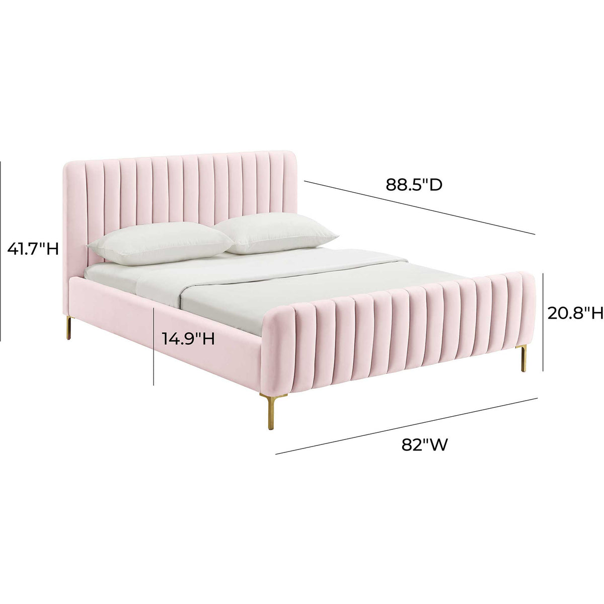 Spacious king bed in blush velvet with channel tufting and a low footboard set on gold legs