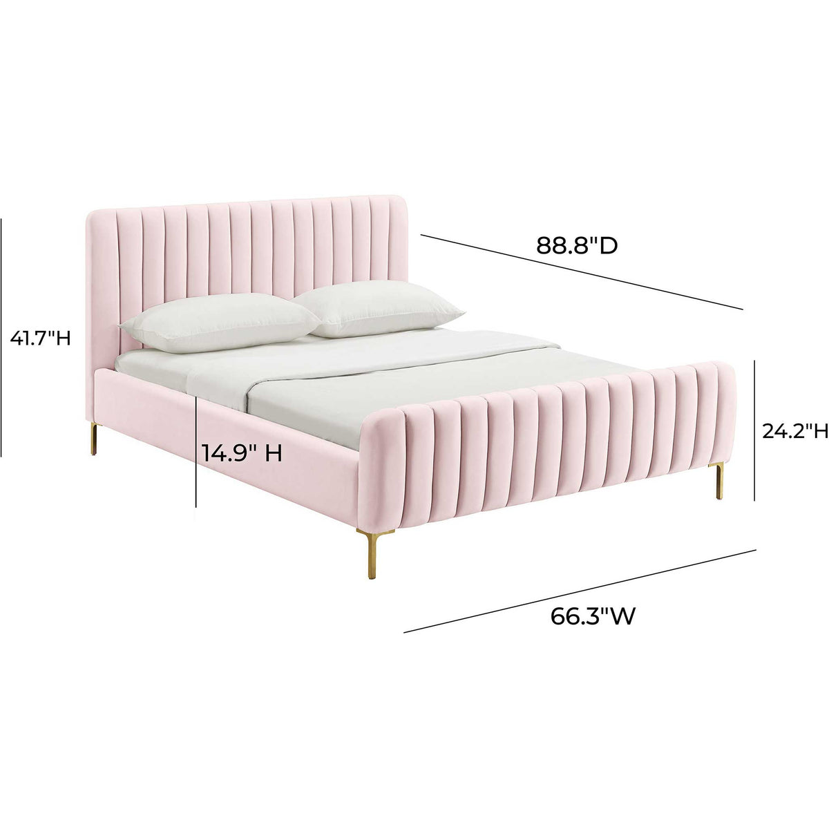 Queen-size blush velvet bed with vertical tufting and a 41.7-inch headboard for plush, modern style