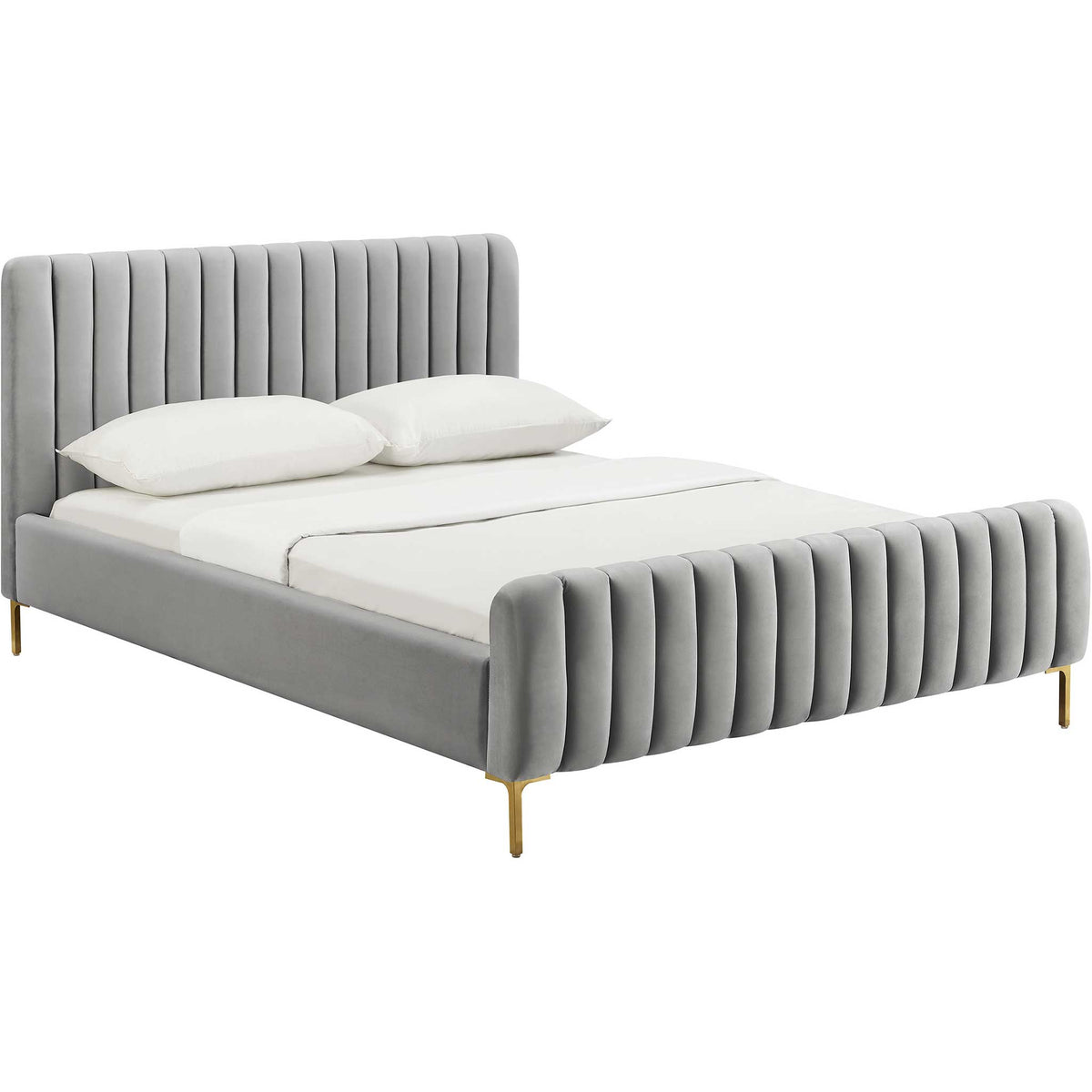 Gray velvet bed with vertical channel tufting and gold legs balances plush texture with a modern silhouette || TOV-B6375 || front_angle_studio
