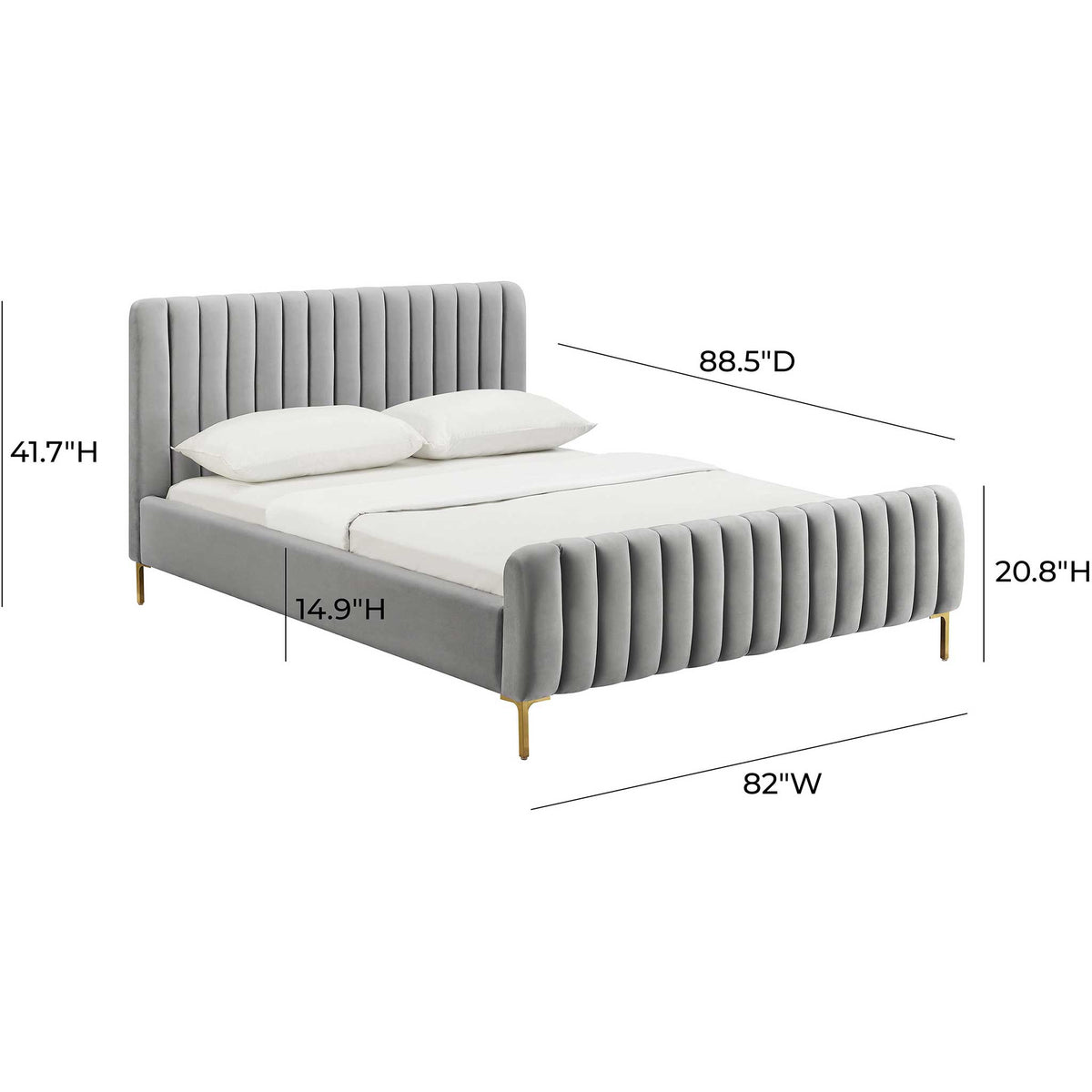 Generous king bed in gray velvet with matching channel-tufted panels and a low-profile frame