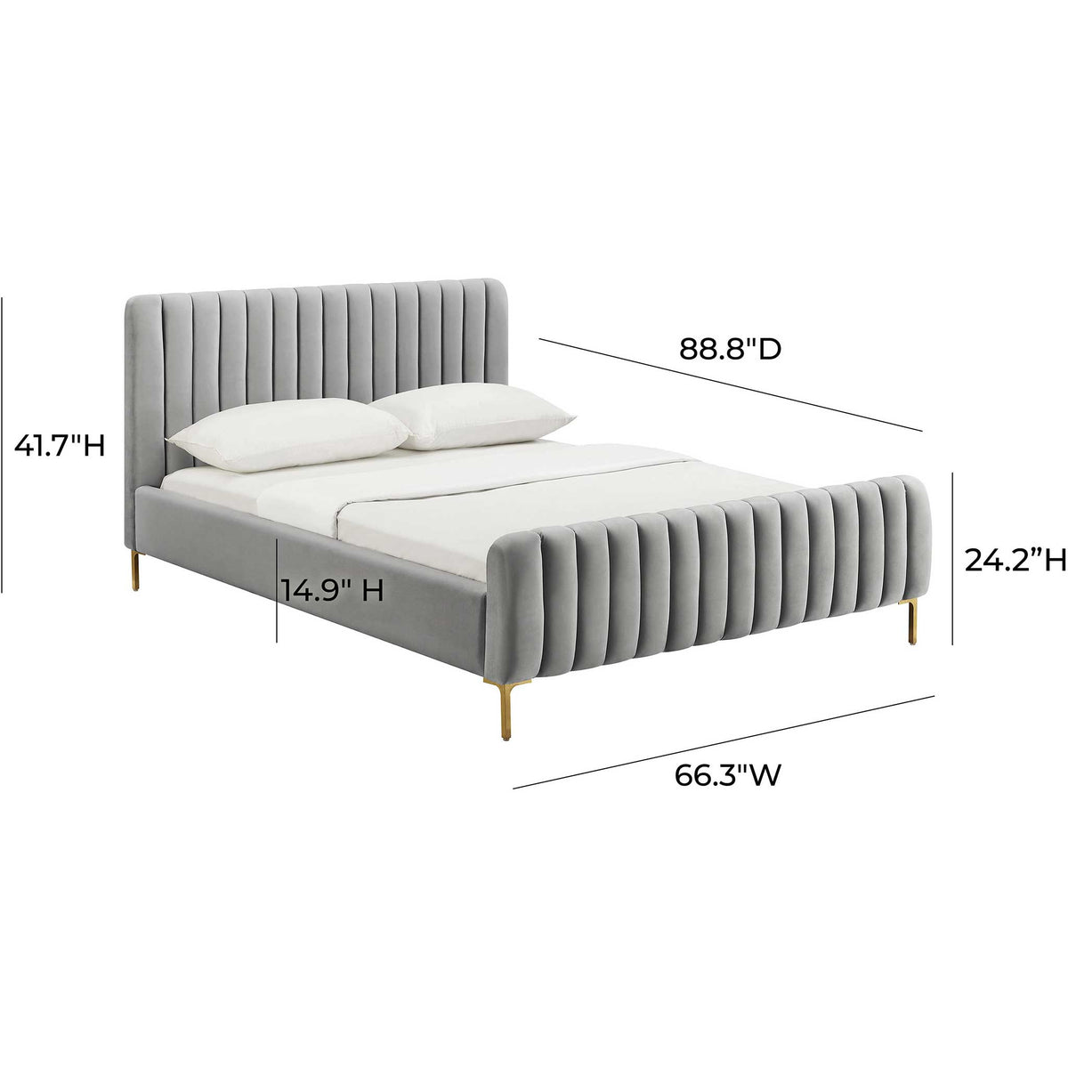 Queen-size gray velvet bed with a 41.7-inch channeled headboard and slim gold legs