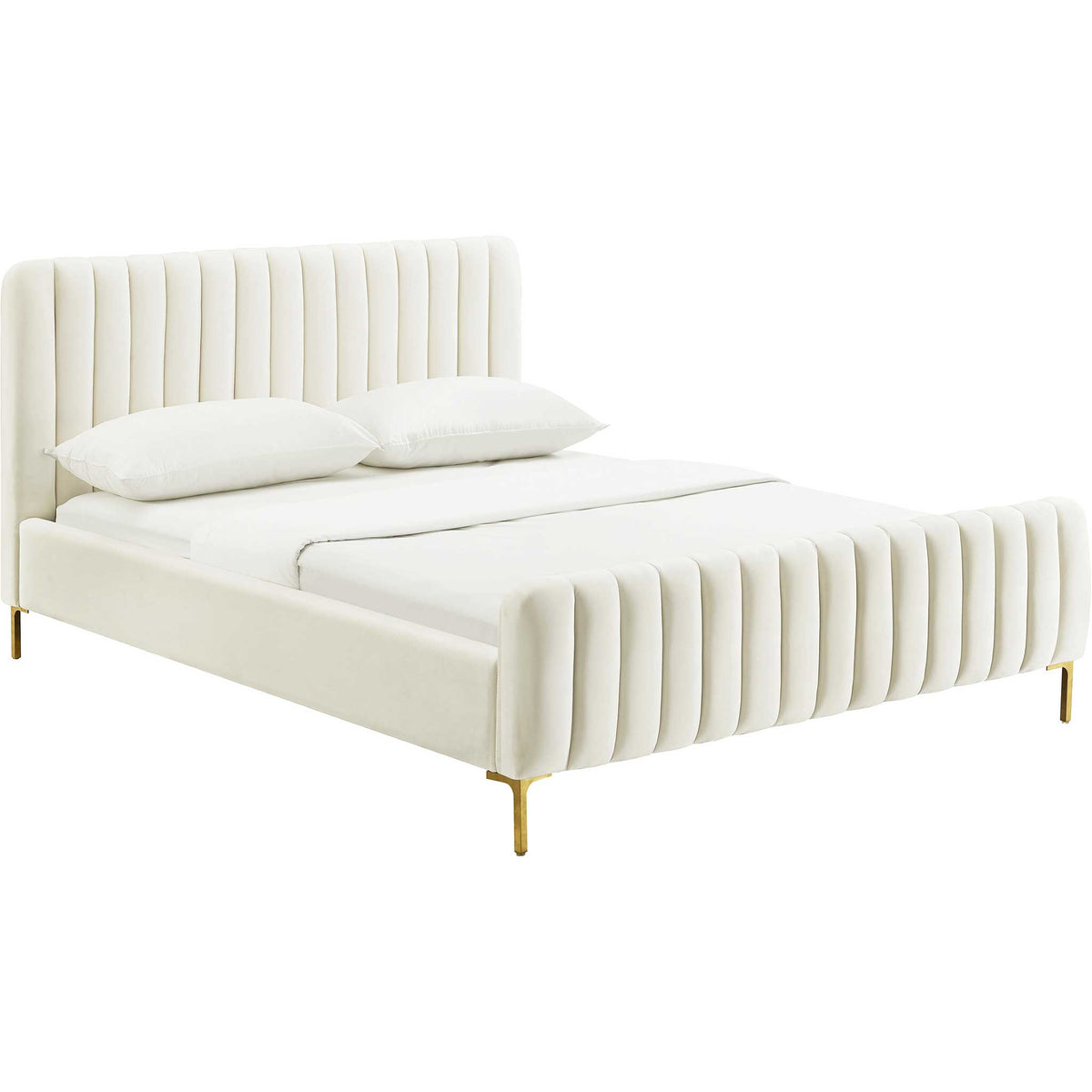 Cream velvet bed with softly channeled panels and slim gold legs for a light, glamorous feel || TOV-B6377 || front_angle_studio