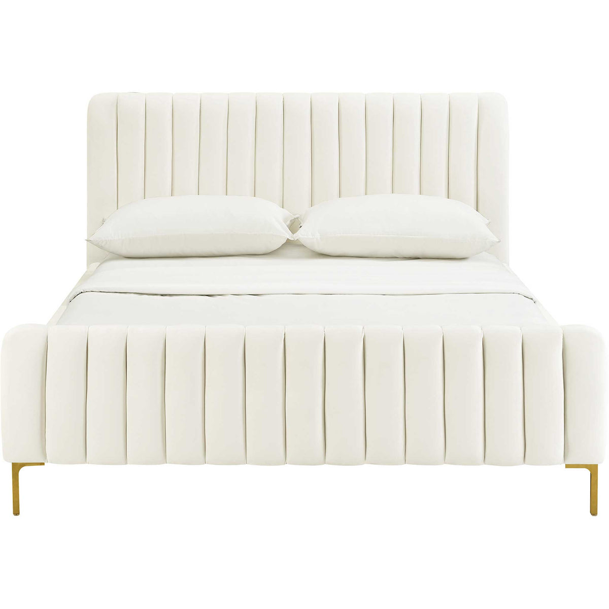 A tall cream headboard and matching channeled footboard wrap the bed in plush velvet || TOV-B6377 || front_studio