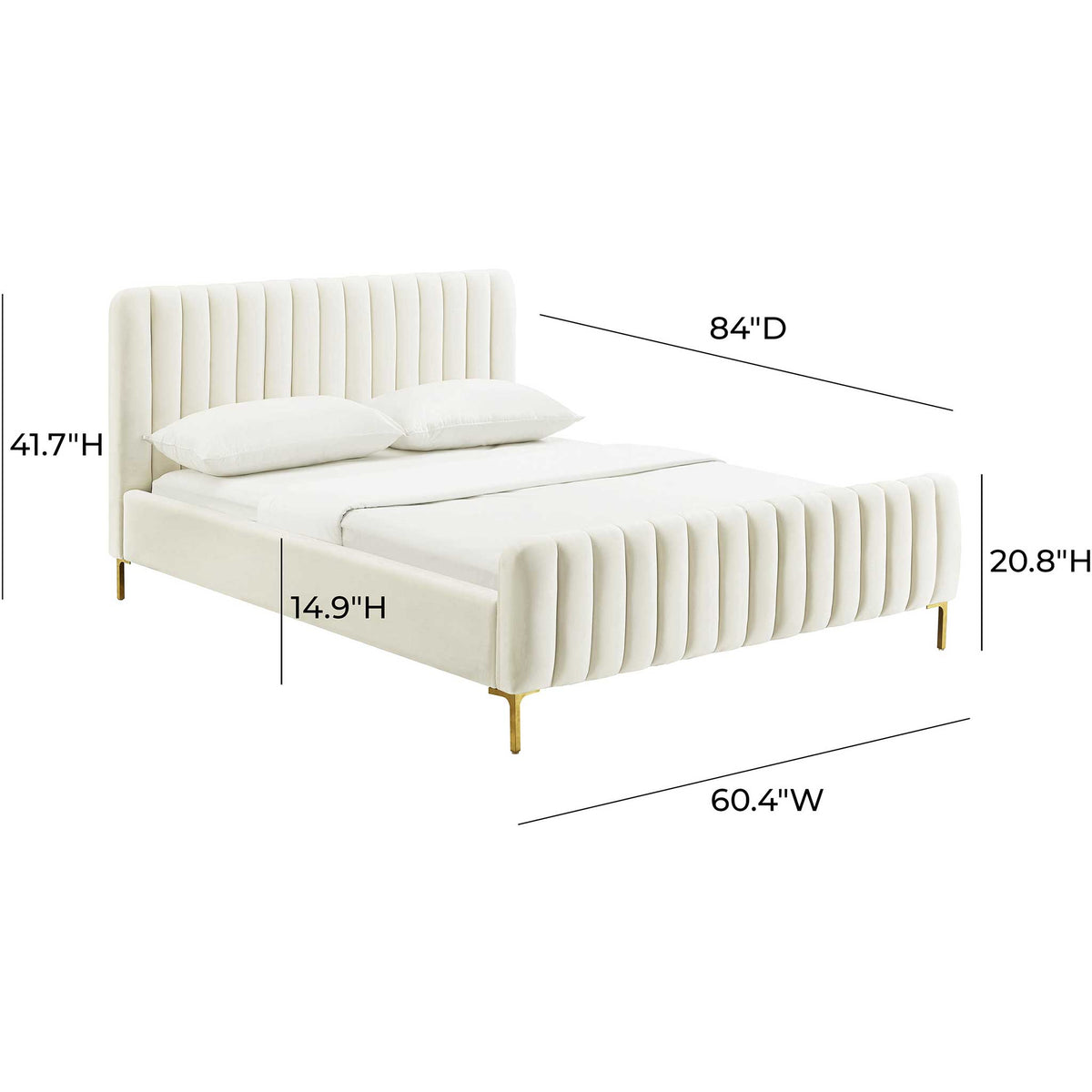 Full-size cream velvet bed with a 41.7-inch headboard, a low channeled footboard, and gold legs