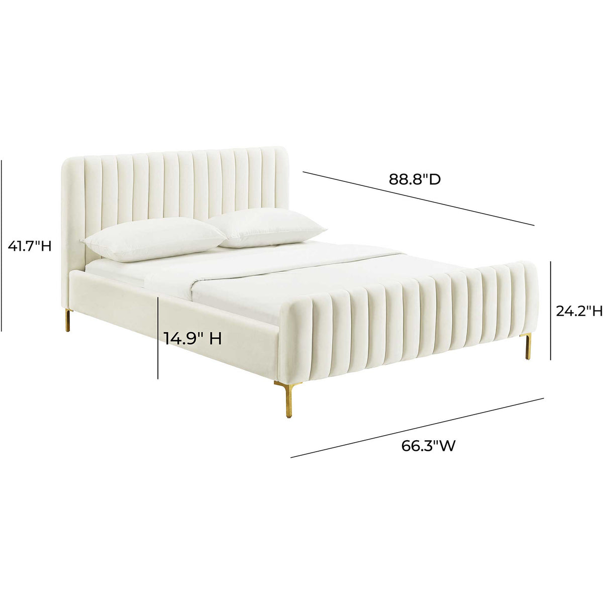 Queen bed in cream velvet pairs vertical channel tufting with sleek upholstered rails and gold legs