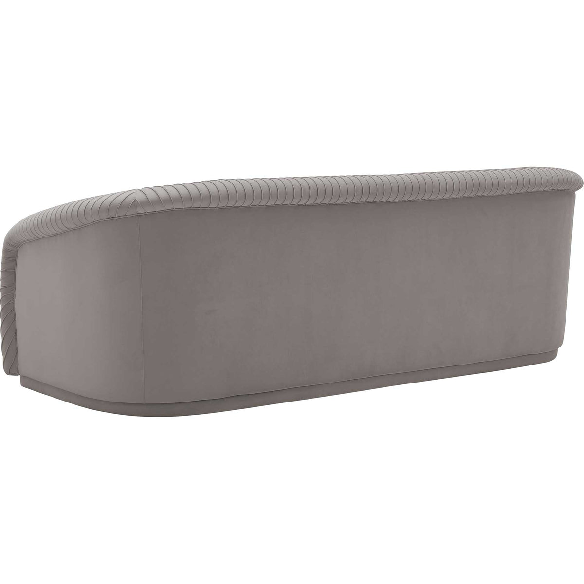 A smooth gray velvet back and curved corners create a refined finish above a slim upholstered base