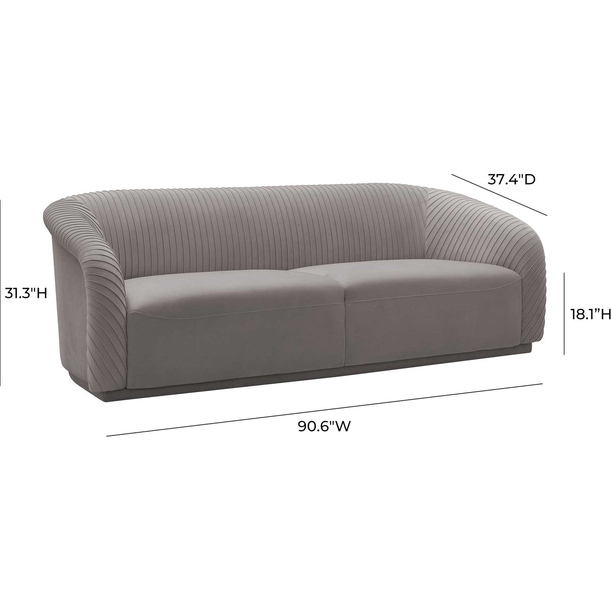 At 90.6 inches wide and 37.4 inches deep, this gray velvet sofa offers room to unwind