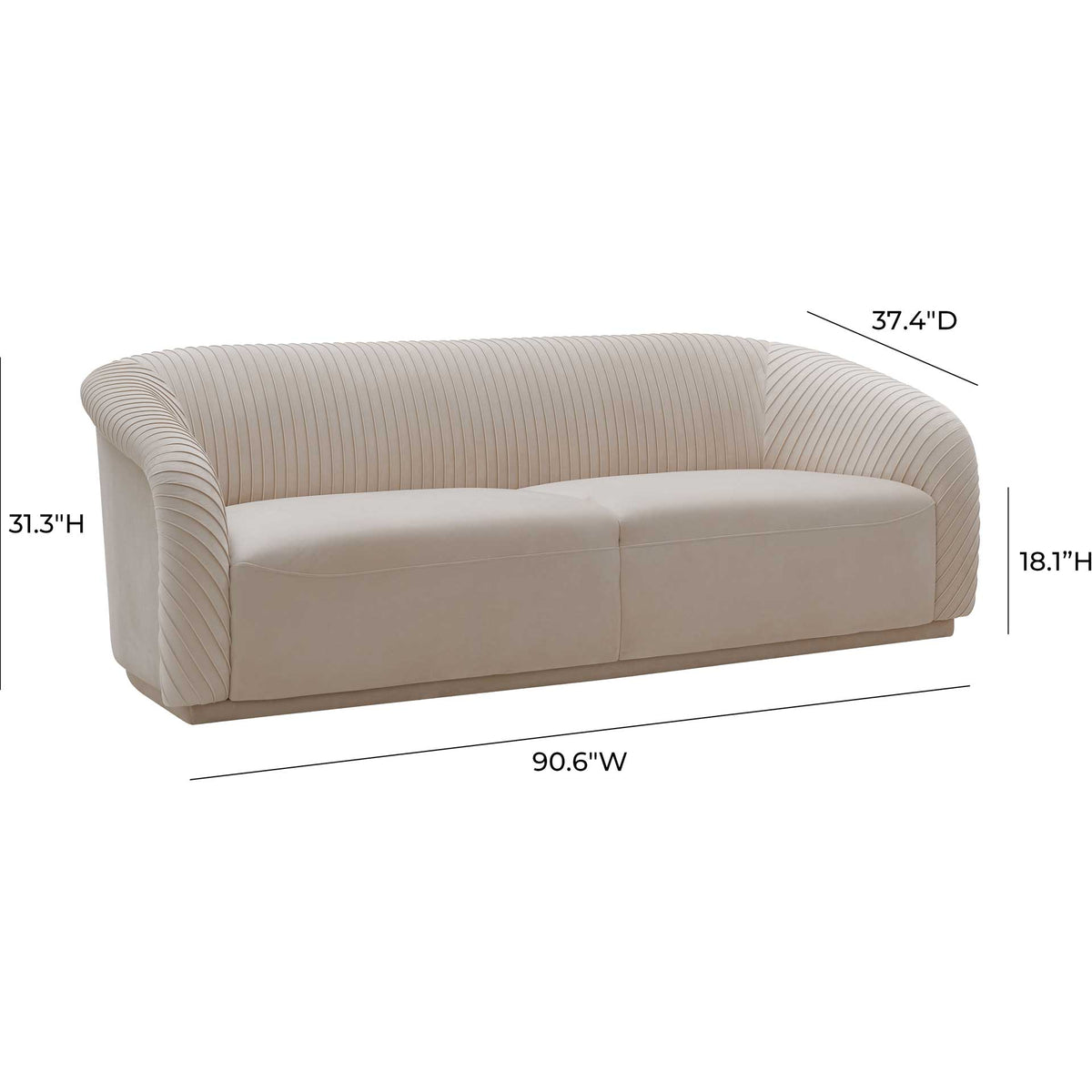 A 90.6-inch-wide beige velvet sofa offers generous seating and a low 31.3-inch height