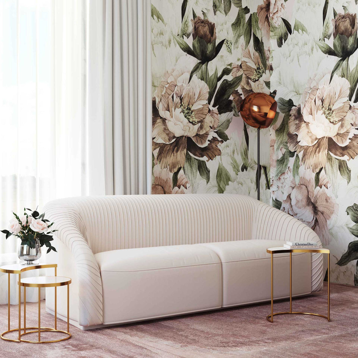 Creamy beige velvet, elegant pleats, and curved arms create an inviting centerpiece for the living room