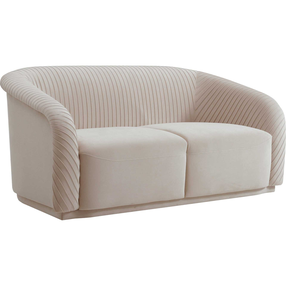 Beige velvet loveseat with a pleated wraparound back, rolled arms, and two plush seat cushions || TOV-S6484 || front_angle_studio