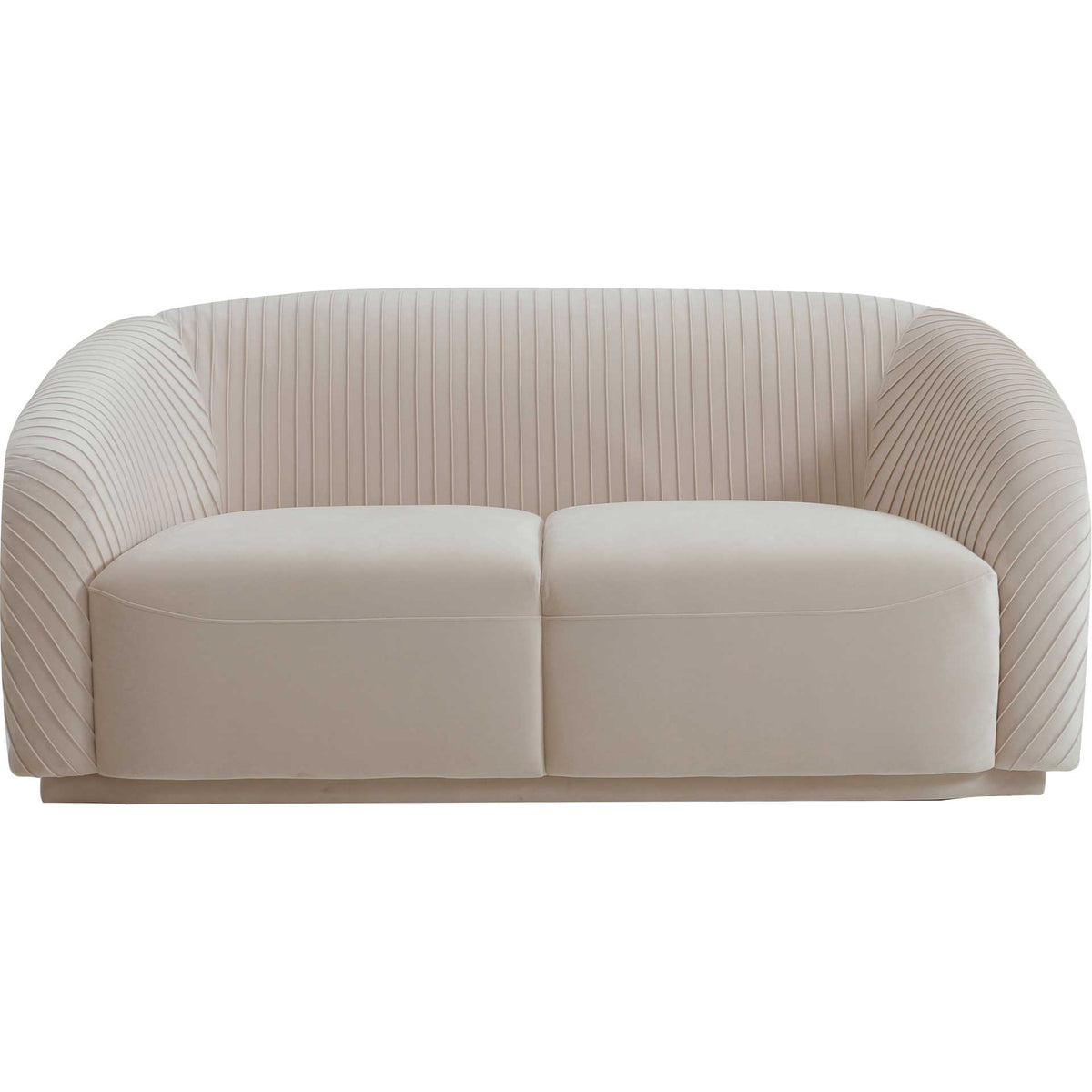Two generous seat cushions and a low-profile base balance the soft curves of this beige velvet loveseat || TOV-S6484 || front_studio