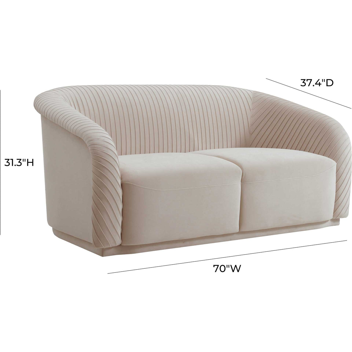 This 70-inch-wide beige velvet loveseat pairs a curved pleated back with rolled arms and cushioned seating