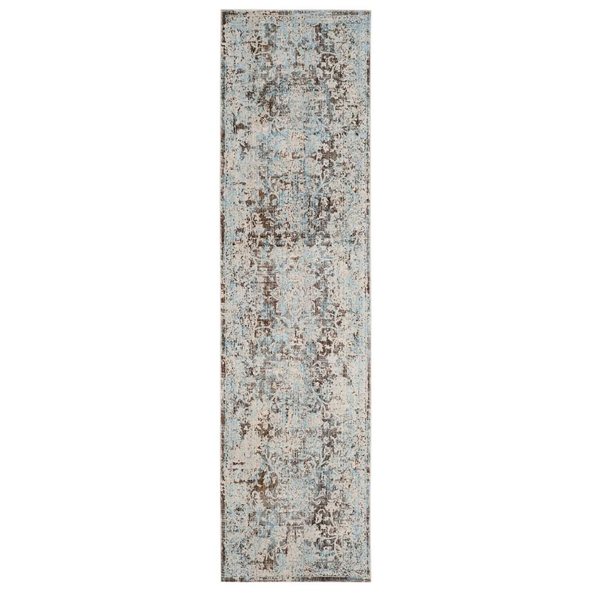 Narrow runner rug with a faded traditional pattern in pale blue, ivory and brown || VTP417T-28 || top_studio