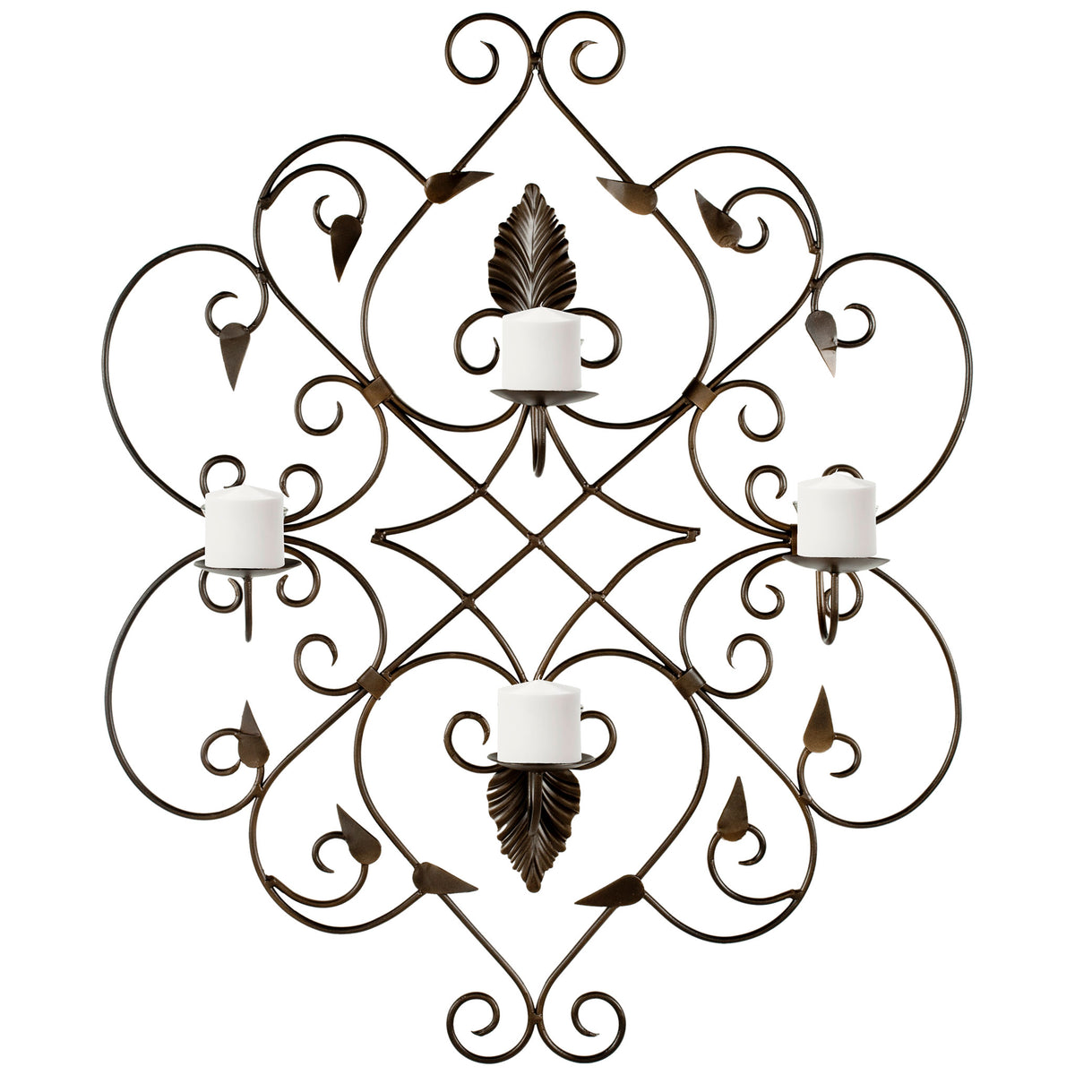 An ornate rust-finished iron design curls around four white pillar candles and leaf motifs. || WDC1004A || front_studio