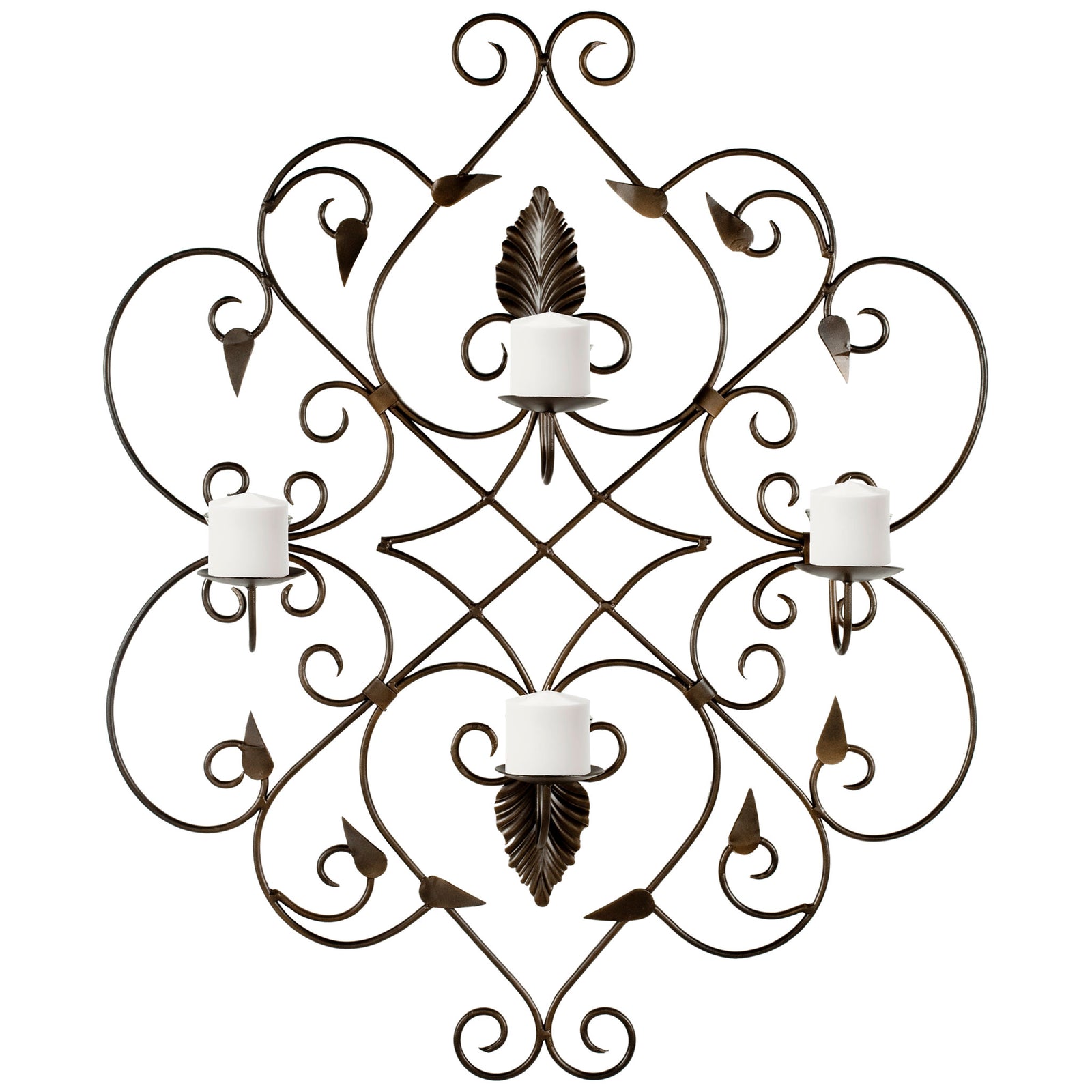 An ornate rust-finished iron design curls around four white pillar candles and leaf motifs. || WDC1004A || front_studio