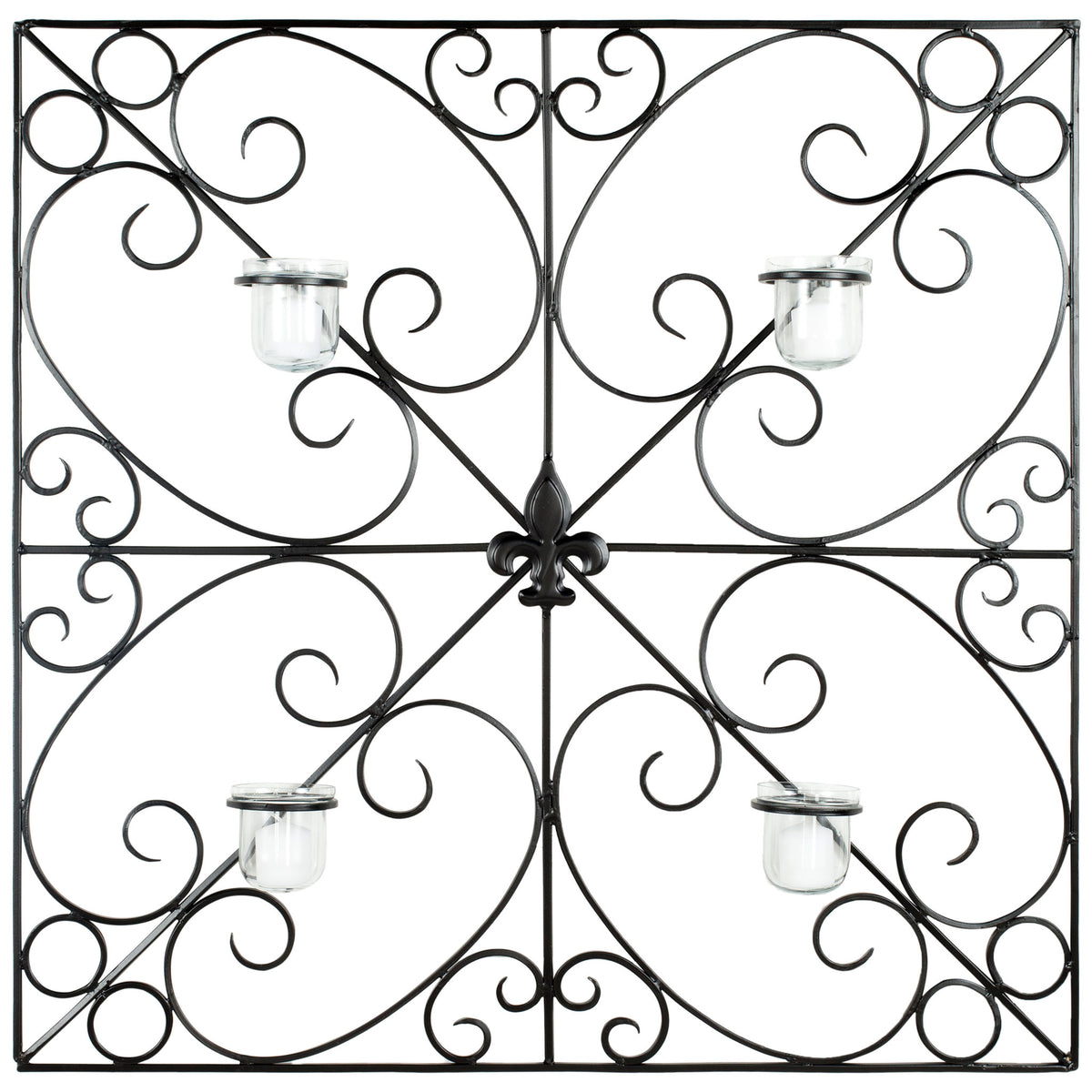 A square black iron frame combines swirling scrollwork and four clear glass votive cups. || WDC1005A || front_studio