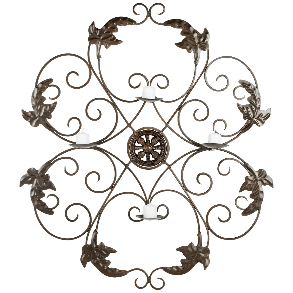 Sweeping iron scrolls and leaf motifs frame a central medallion and four pillar candleholders. || WDC1006A || front_studio