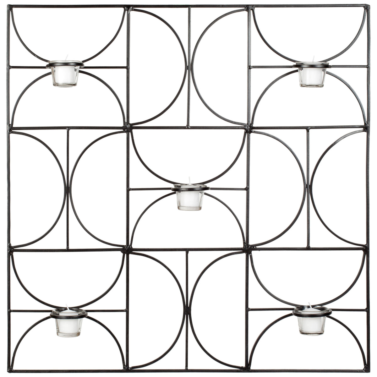 Five clear glass votive holders punctuate a square black iron wall accent with an open geometric pattern || WDC1007A || front_studio