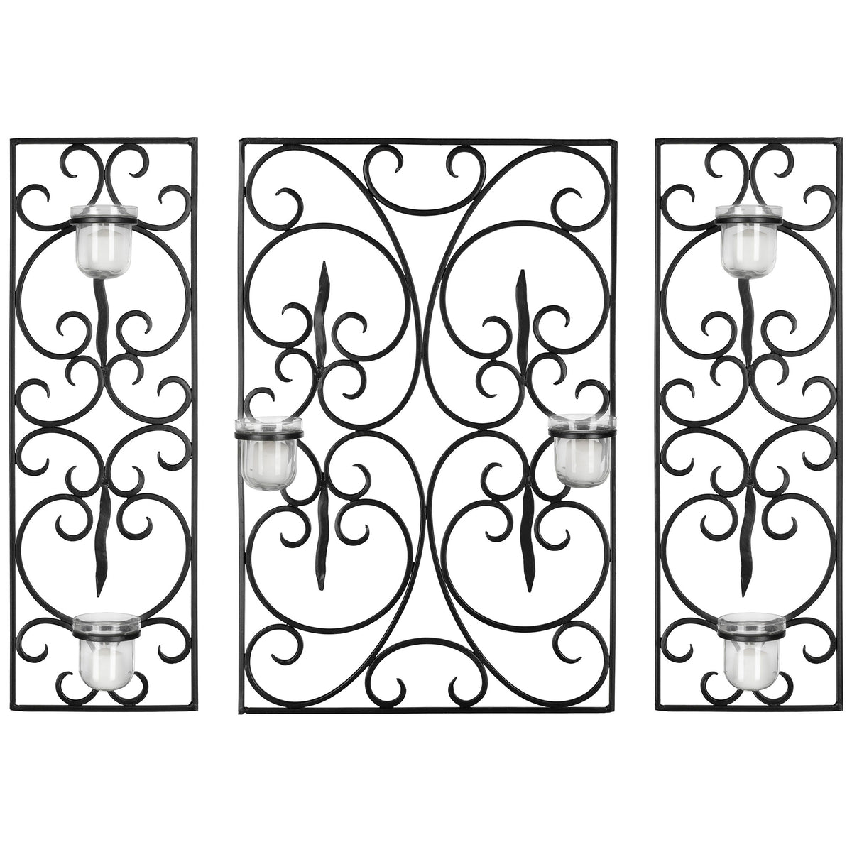 Symmetrical black iron scrolls frame clear glass votive holders across three decorative wall panels. || WDC1009A || front_studio
