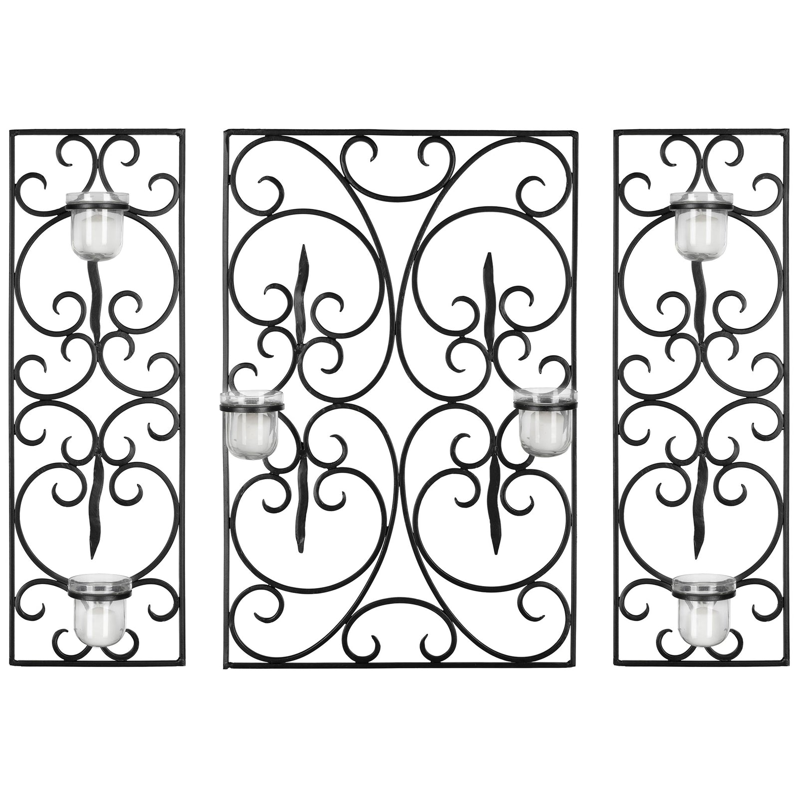 Symmetrical black iron scrolls frame clear glass votive holders across three decorative wall panels. || WDC1009A || front_studio