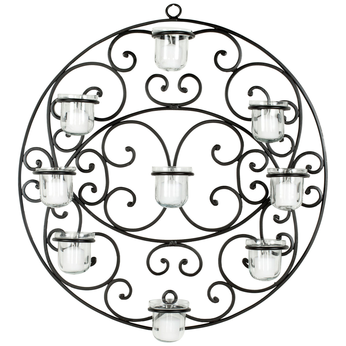 Round black iron wall decor features ornate scrollwork and nine clear glass votive holders || WDC1010A || front_studio