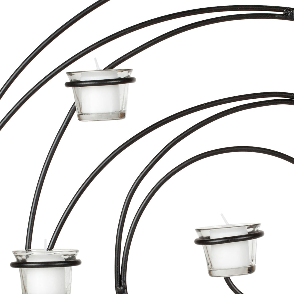 Clear glass cups cradle white votives along sweeping black iron curves || WDC1011A || detail_studio