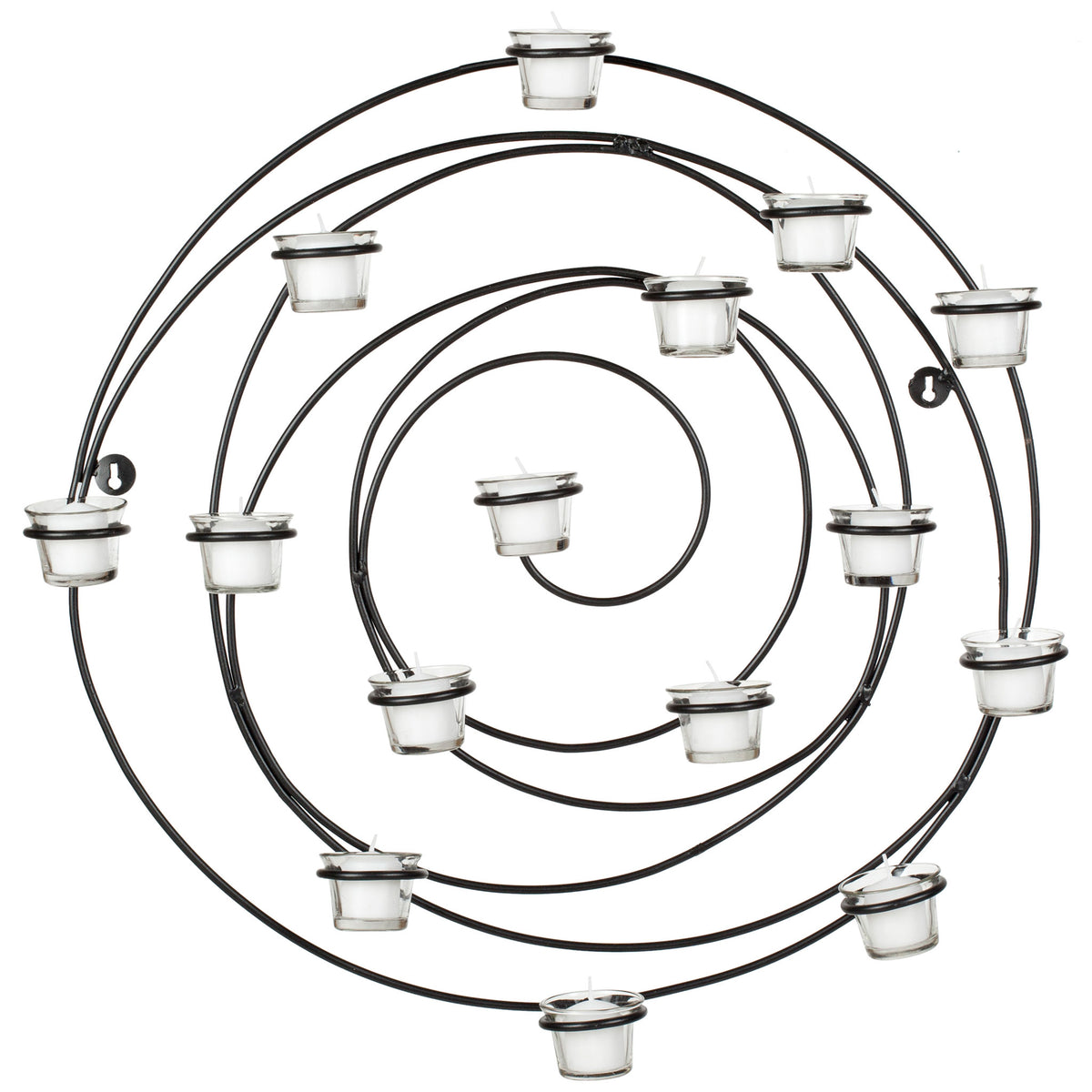 Circular black iron wall decor pairs looping spiral arms with glass votive holders || WDC1011A || front_studio