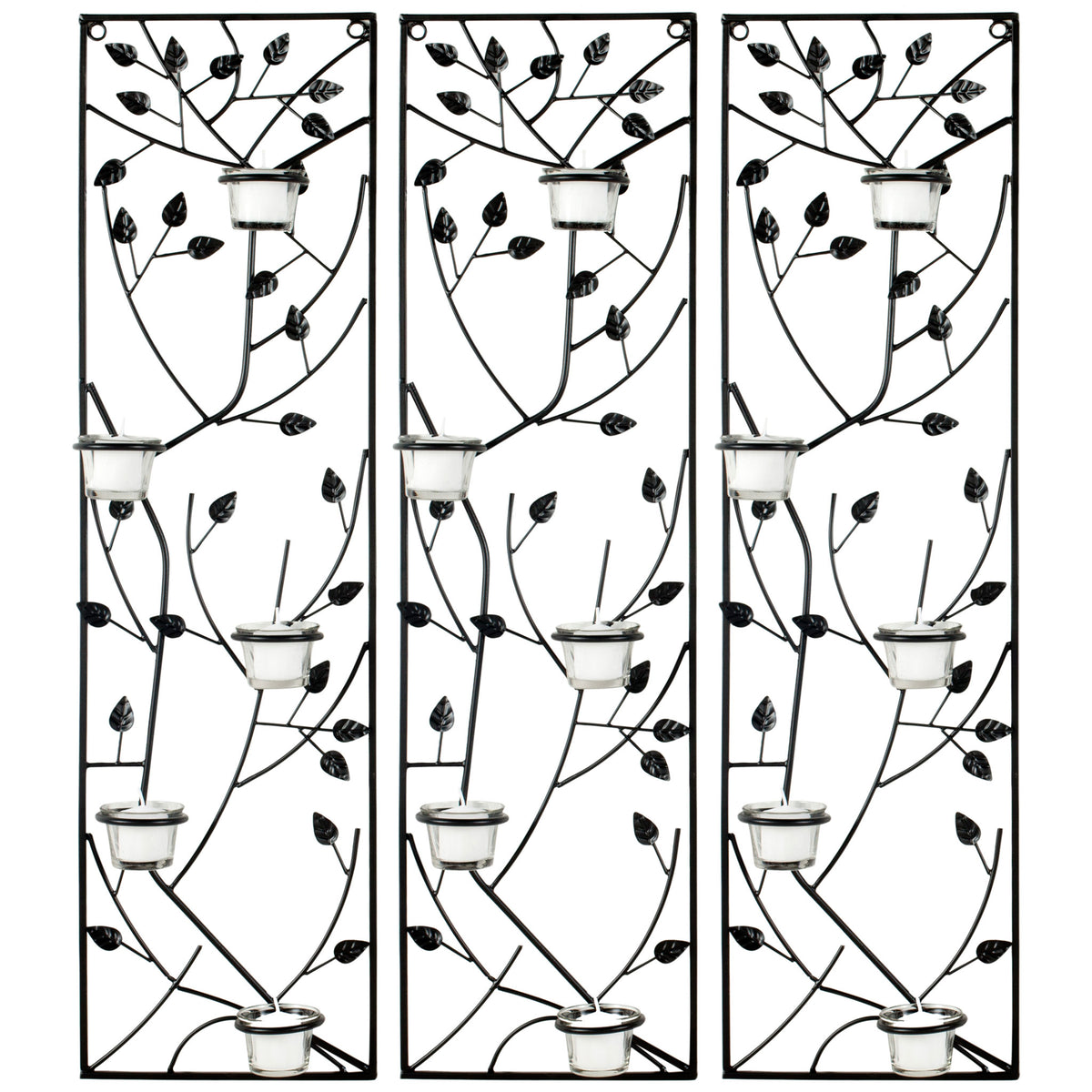 Three matching black iron panels frame climbing leaves and glass votive holders || WDC1013A || front_multi_studio