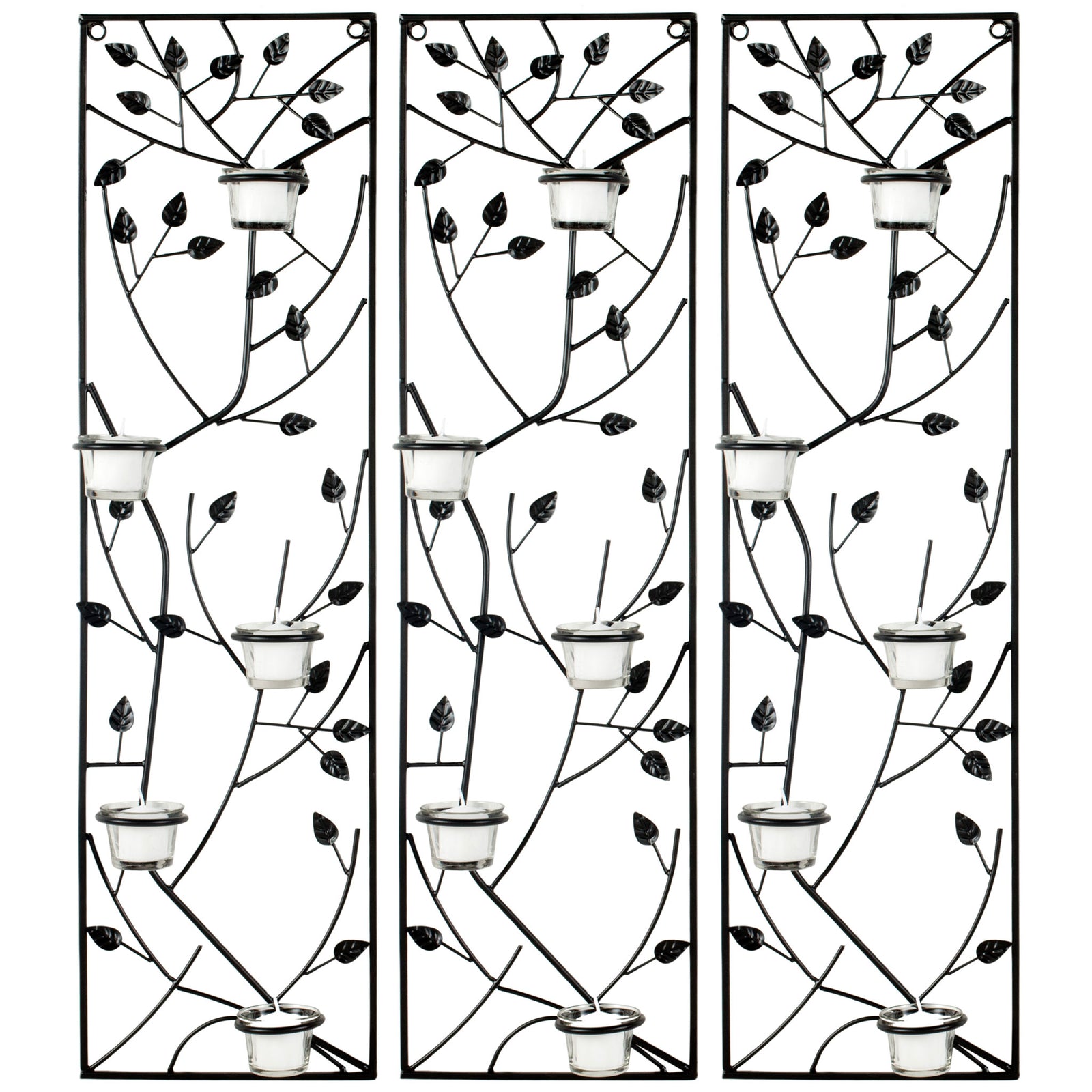 Three matching black iron panels frame climbing leaves and glass votive holders || WDC1013A || front_multi_studio