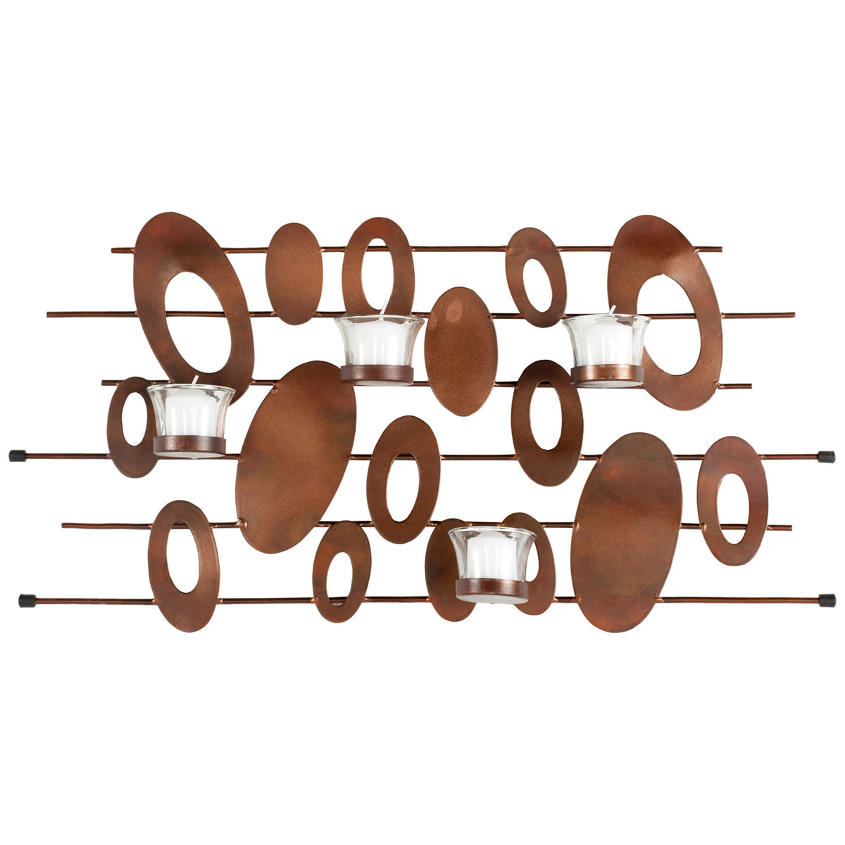 Rust-toned iron ovals line horizontal rods around four clear glass votive holders. || WDC1015A || front_studio