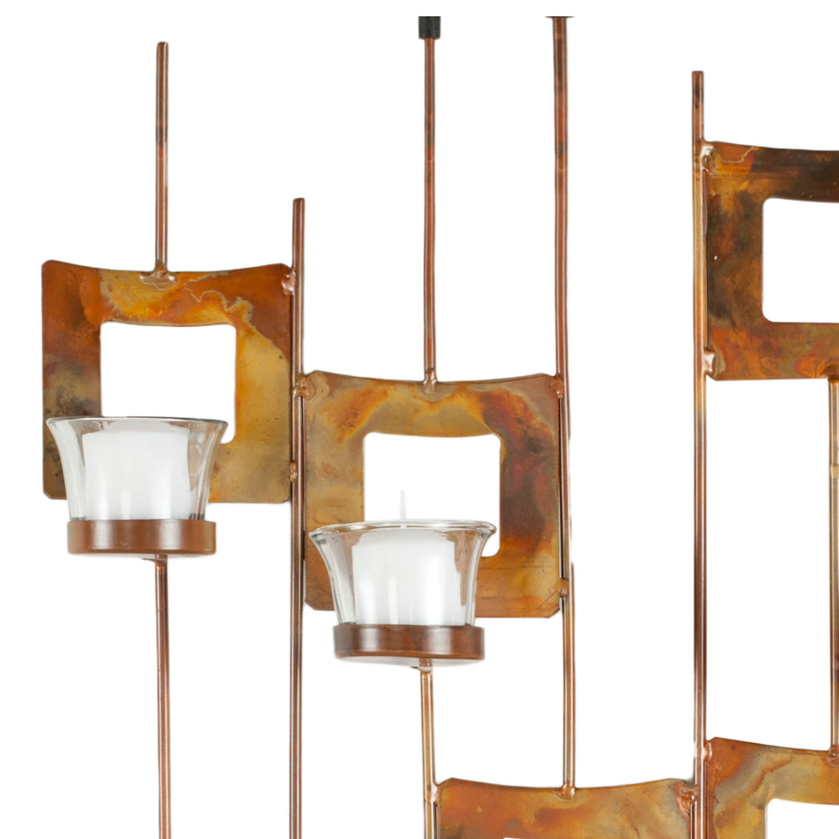 Mottled antique brass squares surround clear glass votives on slender iron rods.