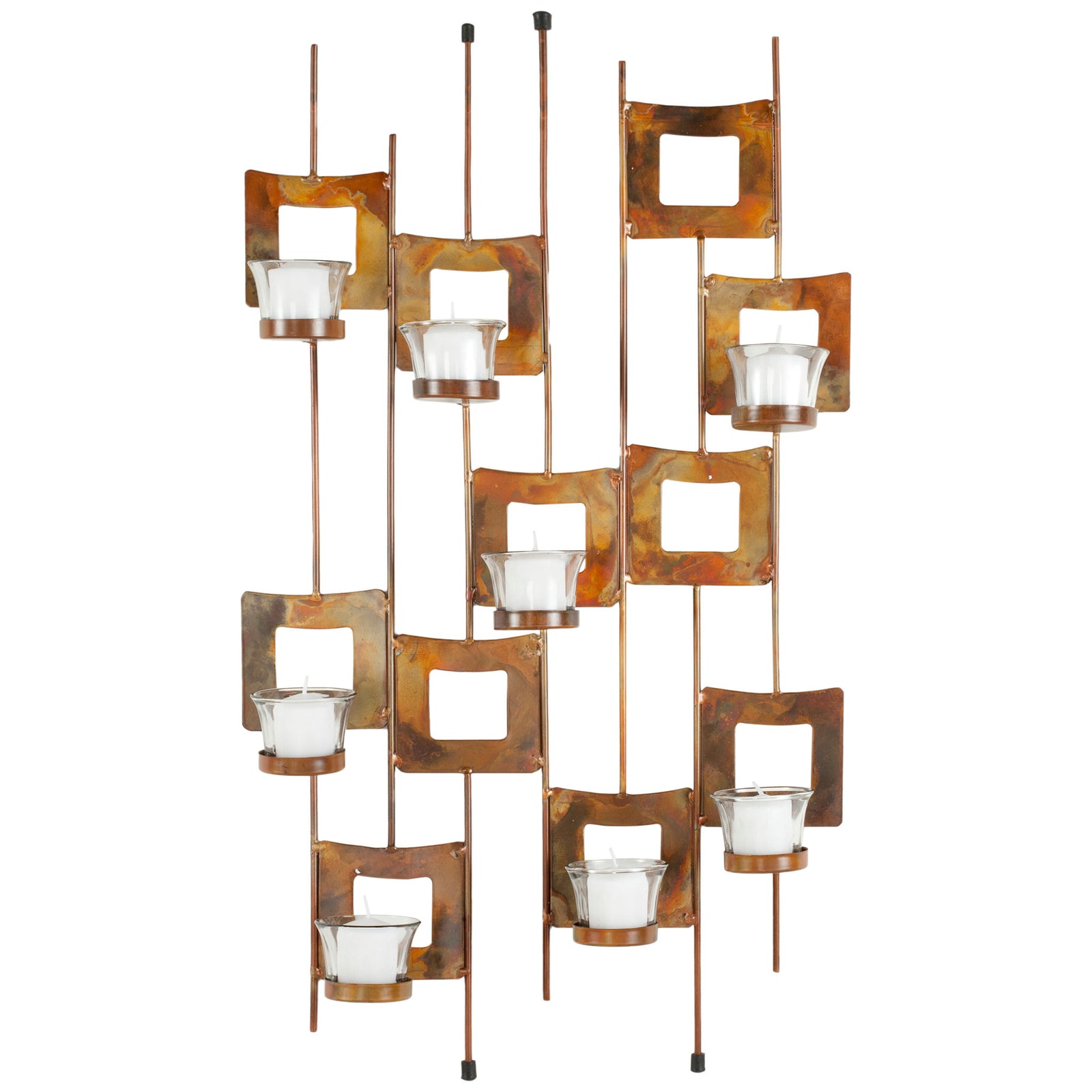 Eight glass votives punctuate a vertical grid of open iron squares in an antique brass finish. || WDC1017A || front_studio