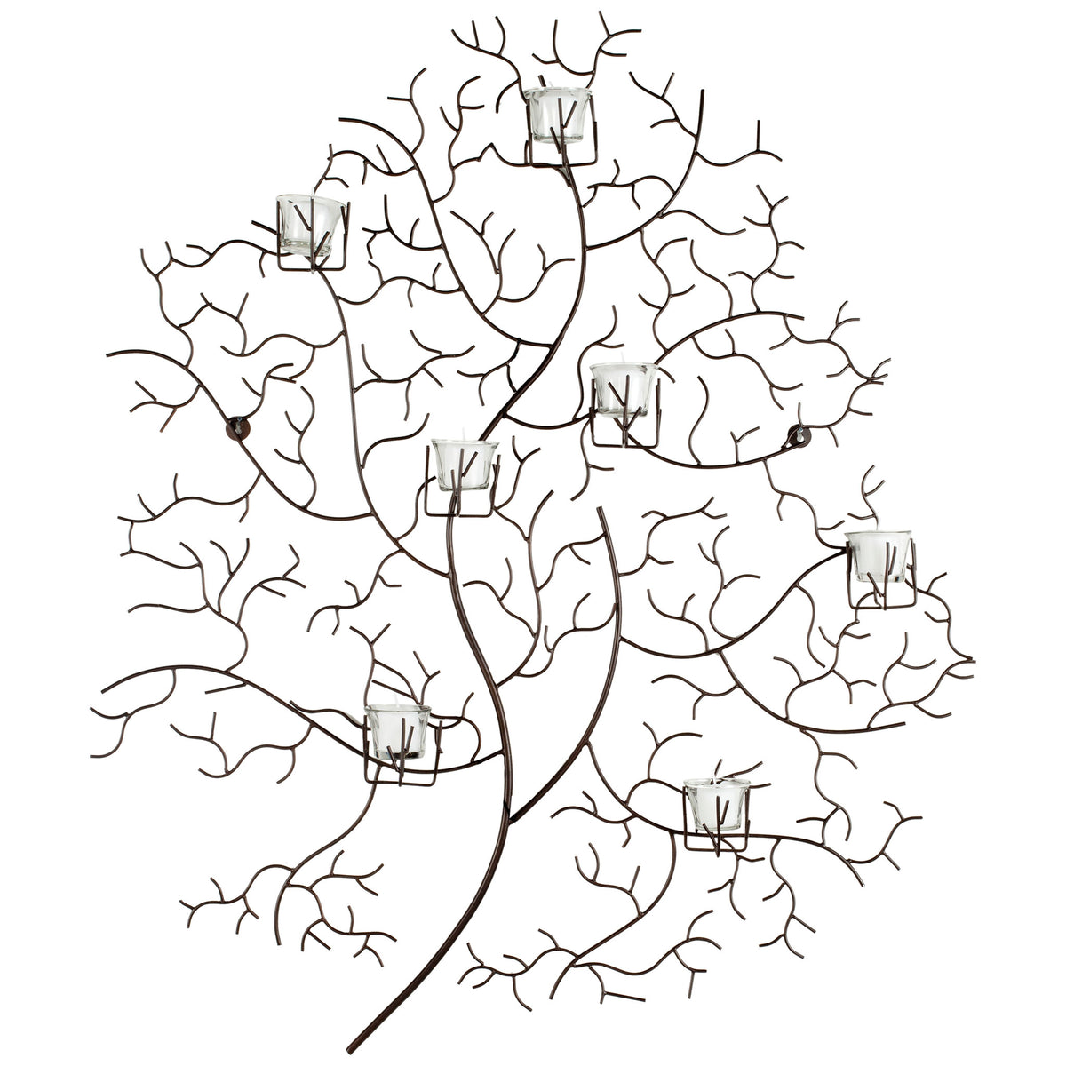 An intricate tree of slender iron branches holds seven glass votives in a sculptural wall display. || WDC1018A || front_studio
