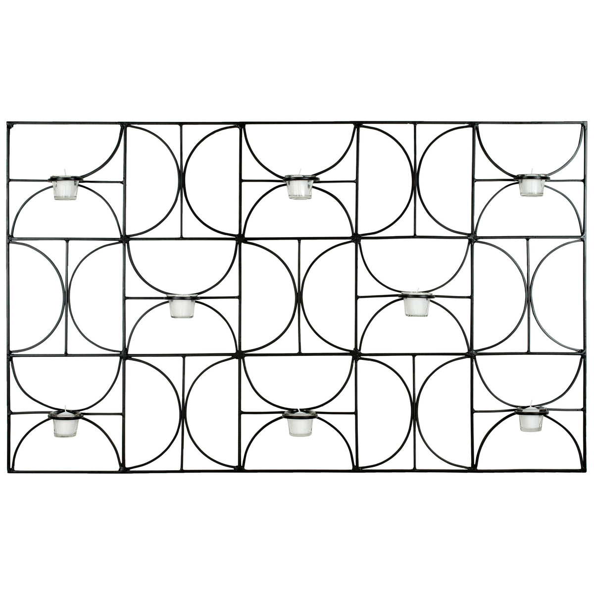 A rectangular black iron frame pairs repeating curved shapes with eight glass votive cups. || WDC1019A || front_studio