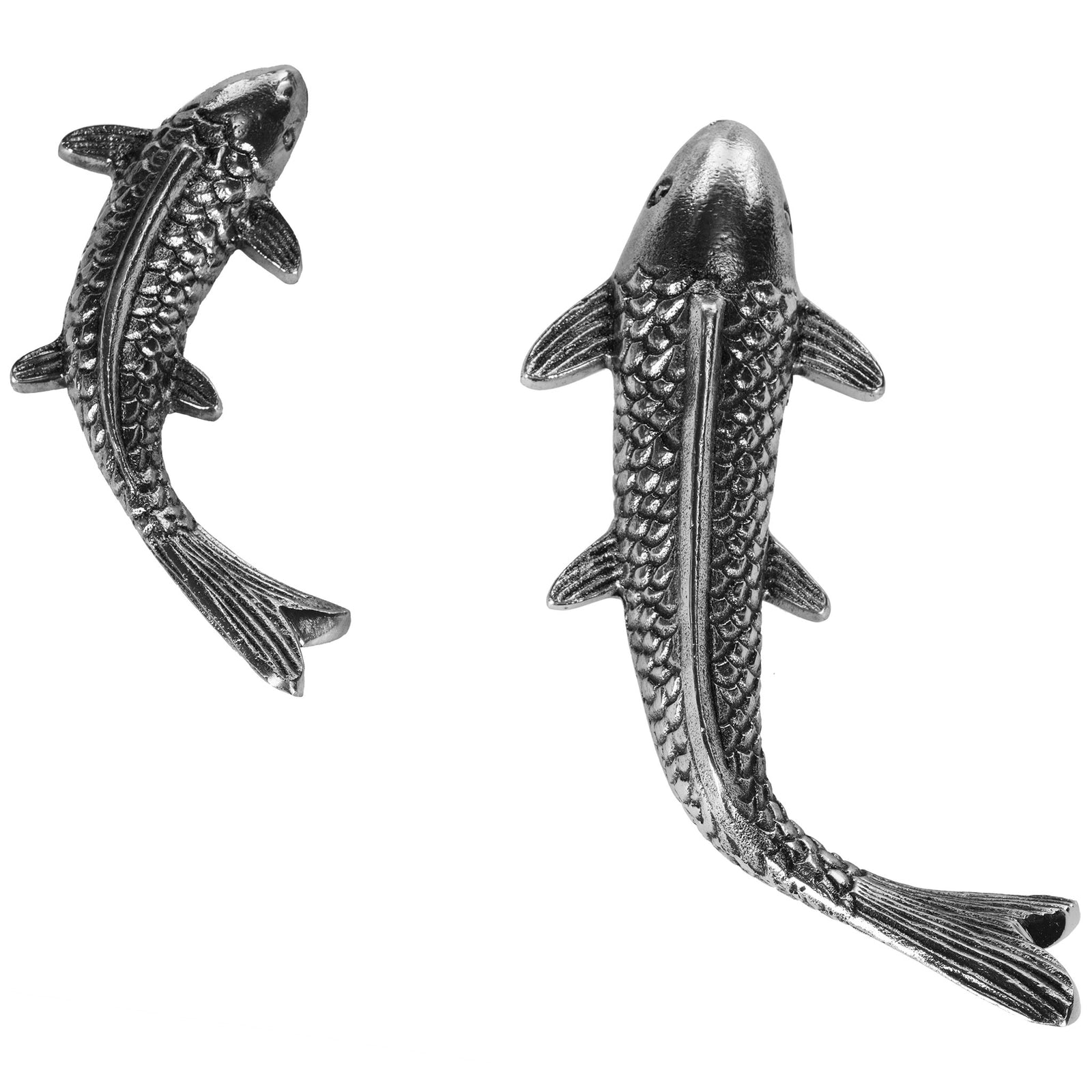 Two antique silver koi feature graceful curves, textured scales and flared fins || WDC1025A || front_partial_studio