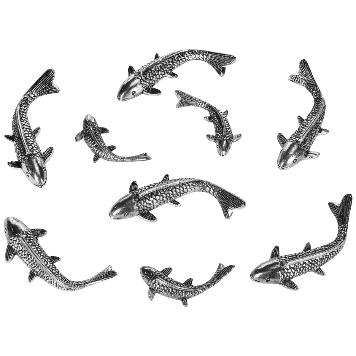Nine antique silver koi wall accents form a graceful arrangement with detailed scales and fins || WDC1025A || front_studio