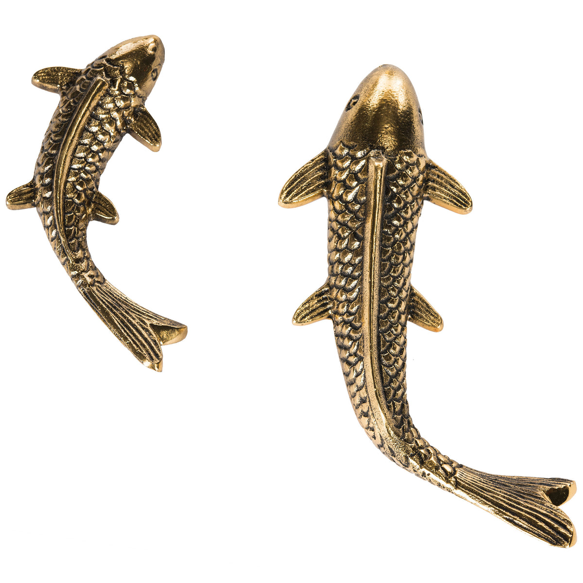 Two antique gold koi pair elegant curves with textured scales and flowing tails || WDC1025B || front_partial_studio