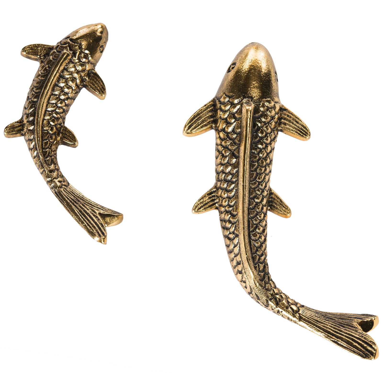 Two antique gold koi pair elegant curves with textured scales and flowing tails || WDC1025B || front_partial_studio