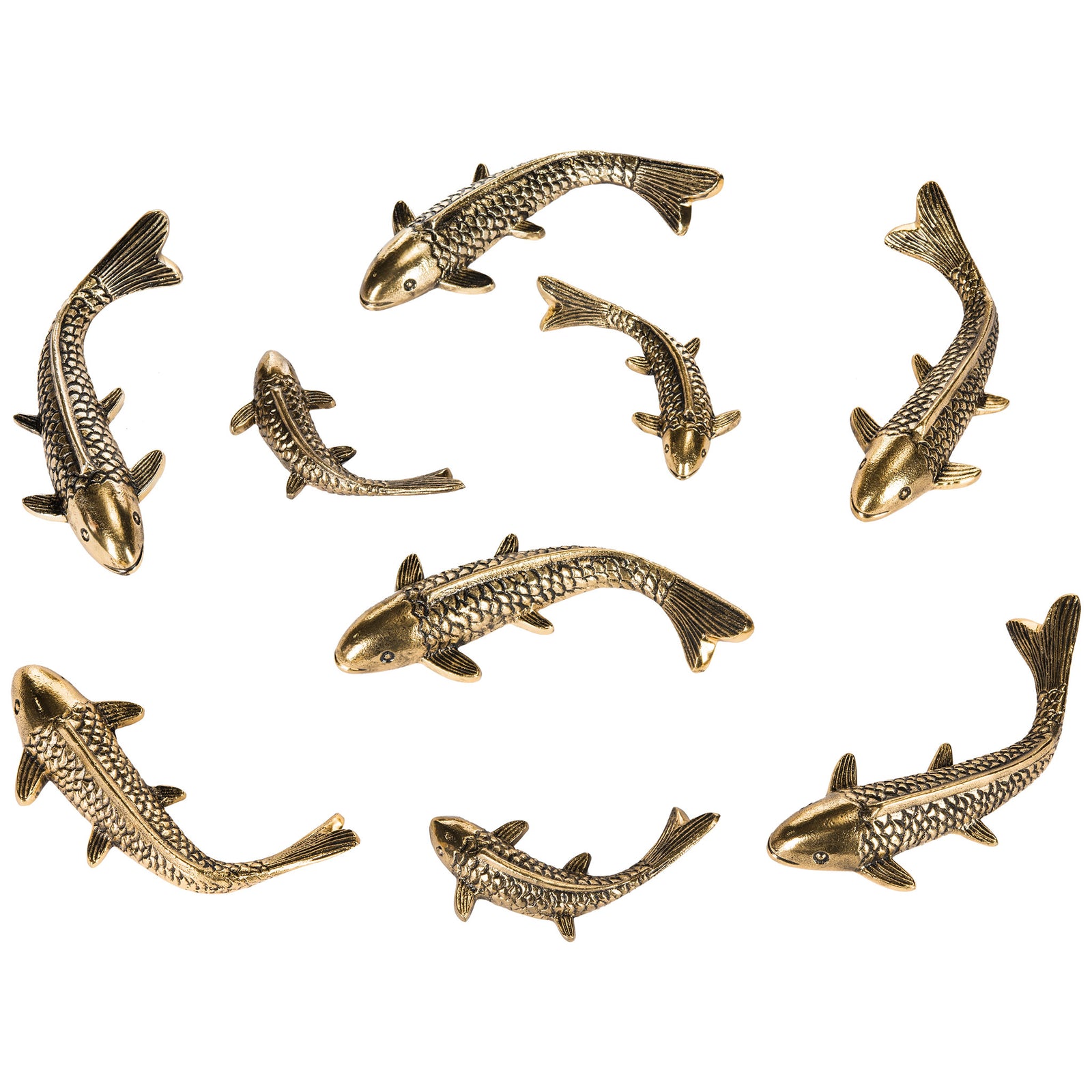 Nine antique gold koi wall accents create a flowing display of curved bodies and detailed fins || WDC1025B || front_studio
