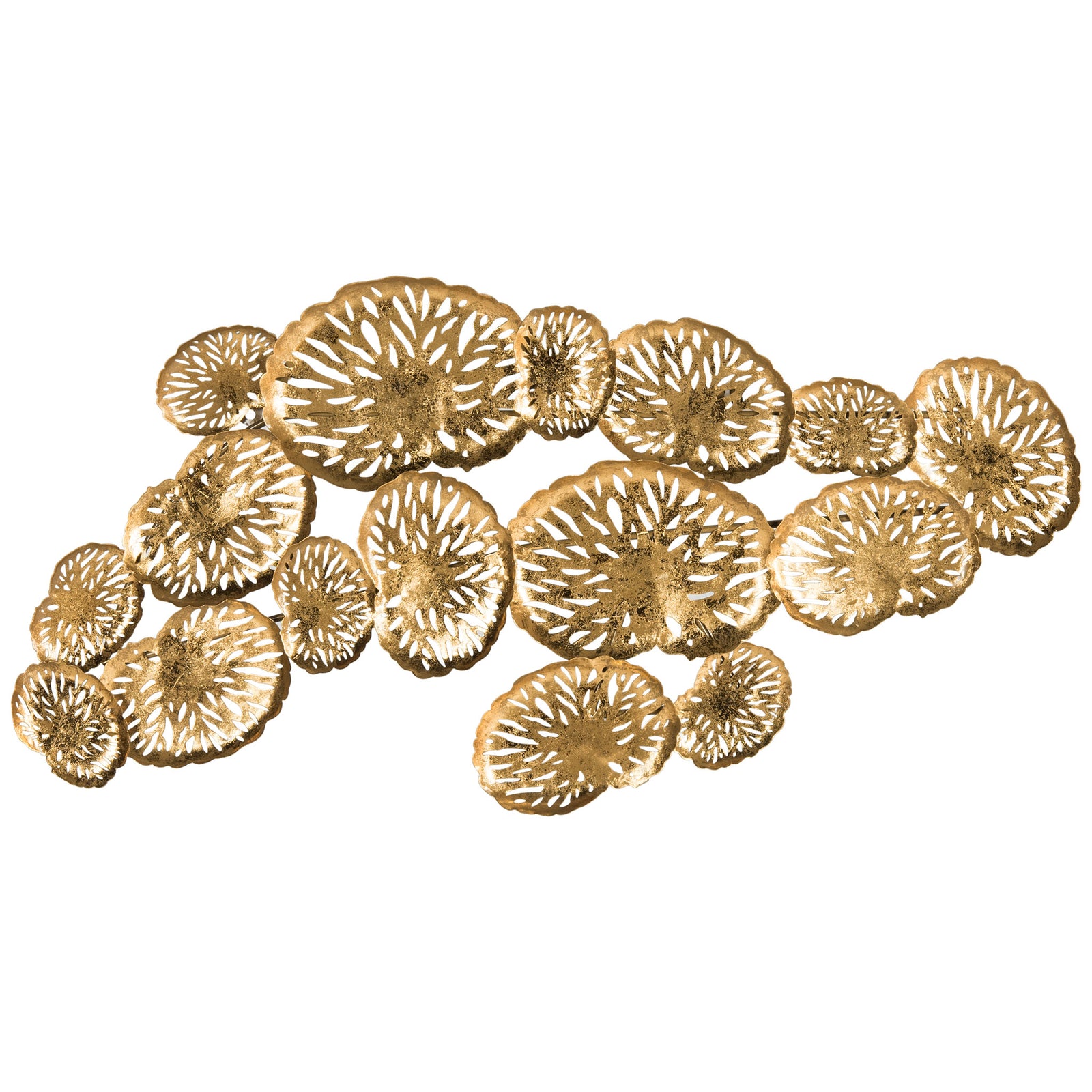 Gold-tone iron wall decor features a sweeping cluster of textured, coral-inspired openwork disks || WDC1026A || front_studio