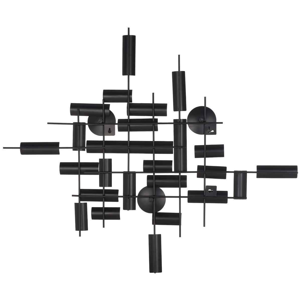 Slim iron rods support sculptural cylinders and round forms on an openwork wall accent with mounting brackets || WDC1027A || back_studio