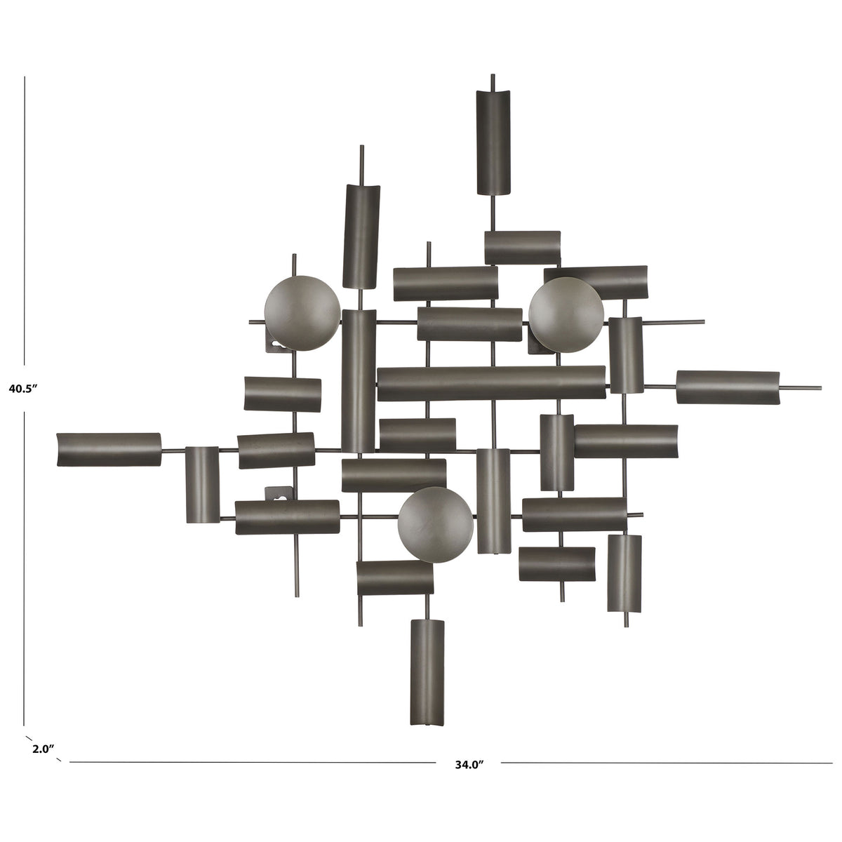 Geometric iron wall decor measures 34 inches wide, 40.5 inches high, and 2 inches deep || WDC1027A || dimension_studio