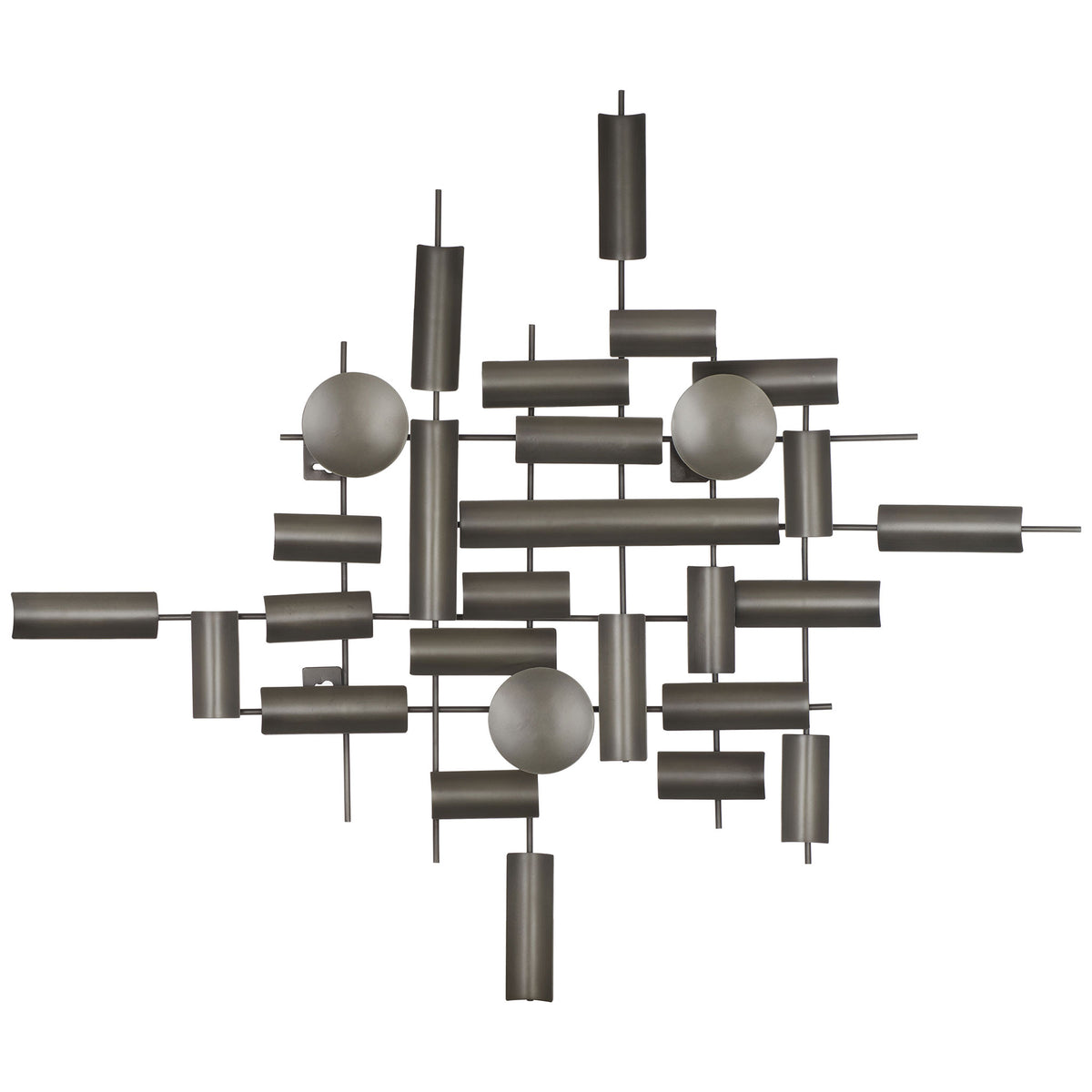Antique silver iron wall sculpture blends slender rods, curved cylinders, and round discs in a geometric design || WDC1027A || front_studio