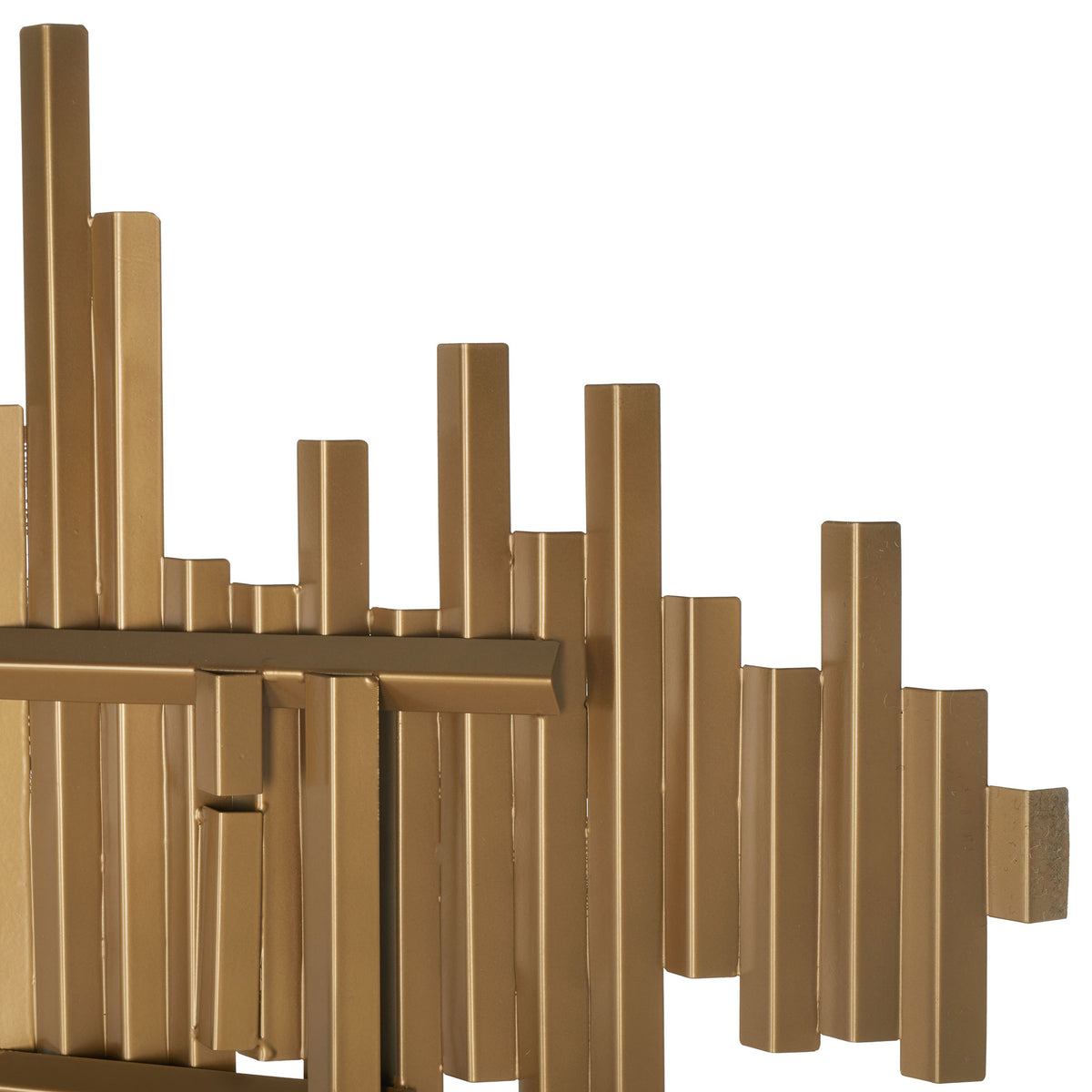 Iron bars of varied heights intersect with raised rectangular accents in an antique brass finish
