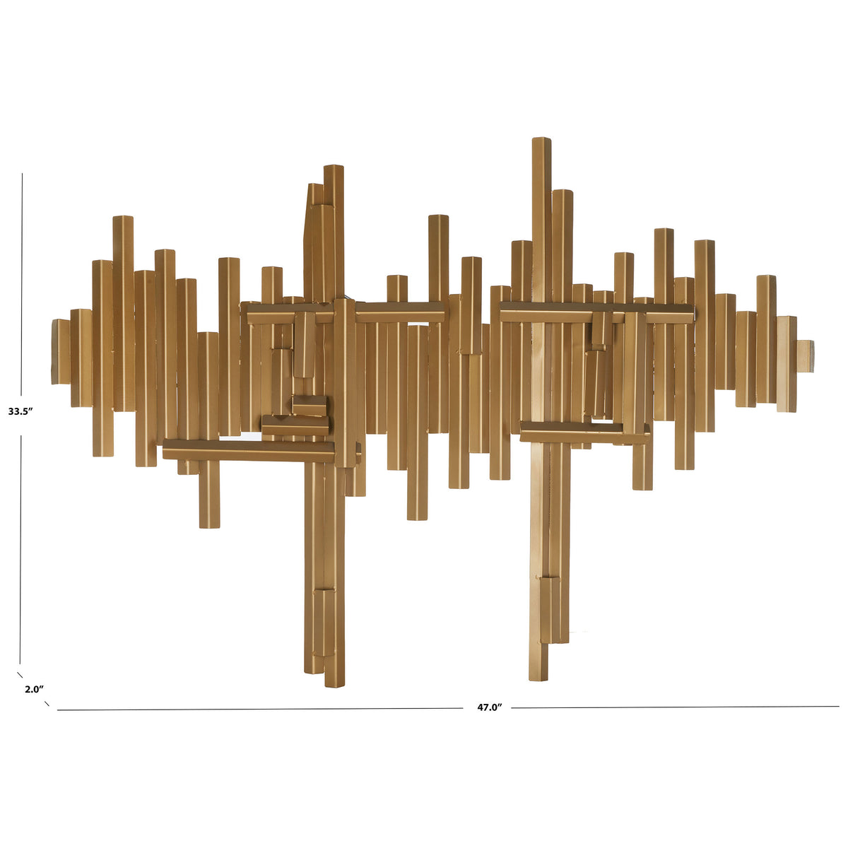 Antique brass wall decor measures 47 inches wide and 33.5 inches high, with a layered iron design