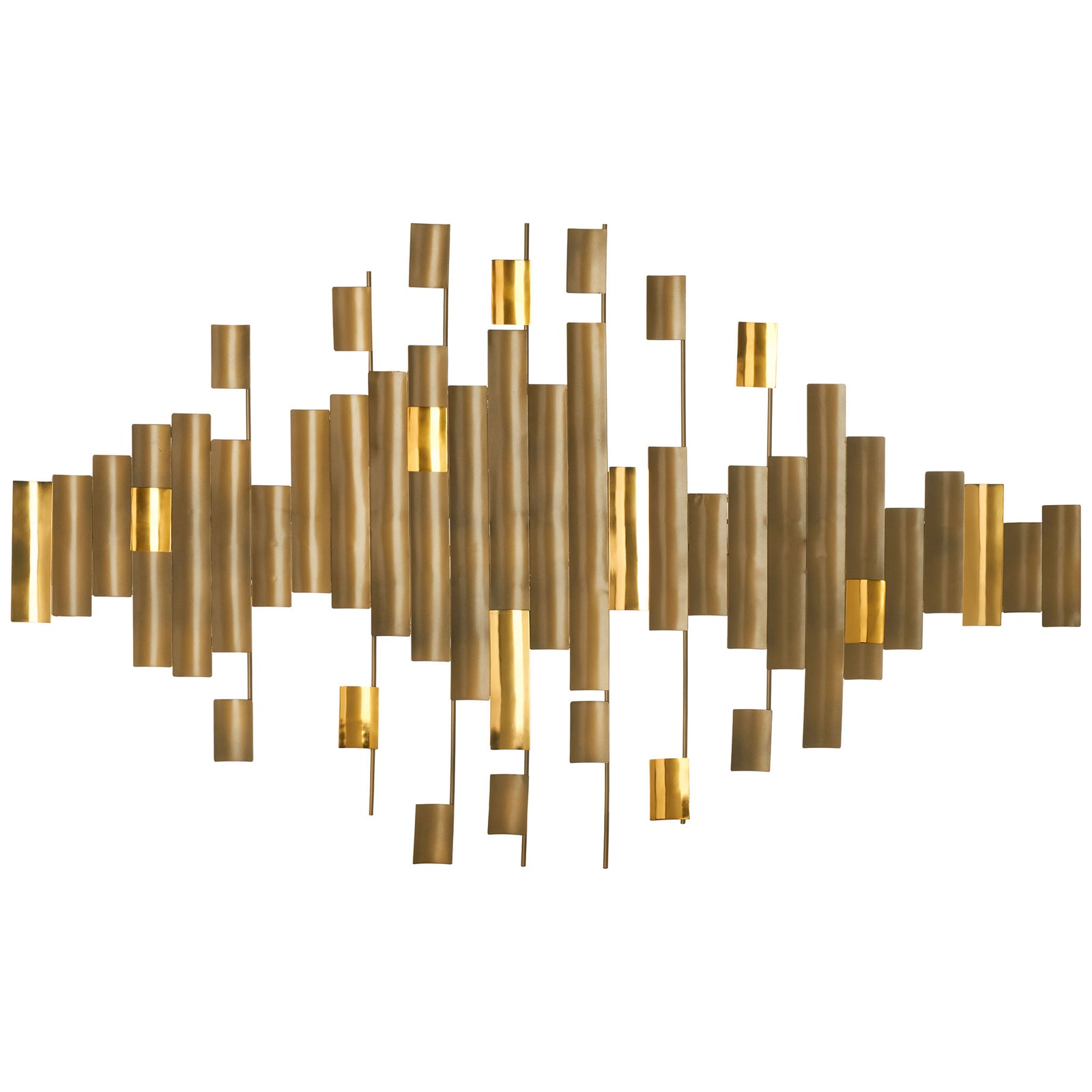 Staggered curved metal strips create an airy antique brass wall sculpture with gold accents || WDC1029A || front_studio