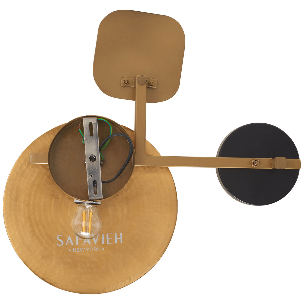 An exposed bulb and mounting bracket sit behind the sculptural gold-tone disk and round mirror || WDC1030A || back_studio